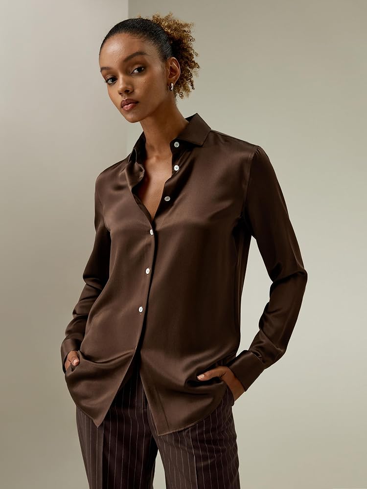 brown dress shirt women's LilySilk 100% Silk Shirt for Women Ladies Silk Blouse Dressy Casual Long  Sleeve Spread Collar and Shell Button Up Work(Chocolate,XS) at Amazon  Women's Clothing store