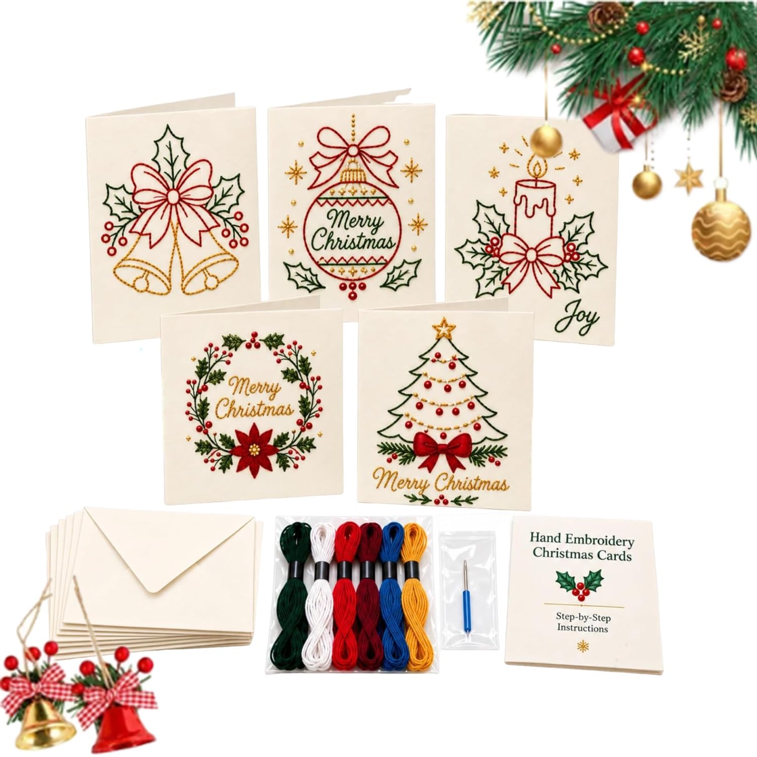 Merry Christmas DIY Embroidery Kit, 6 Set Stitch Christmas Cards by Hand，B