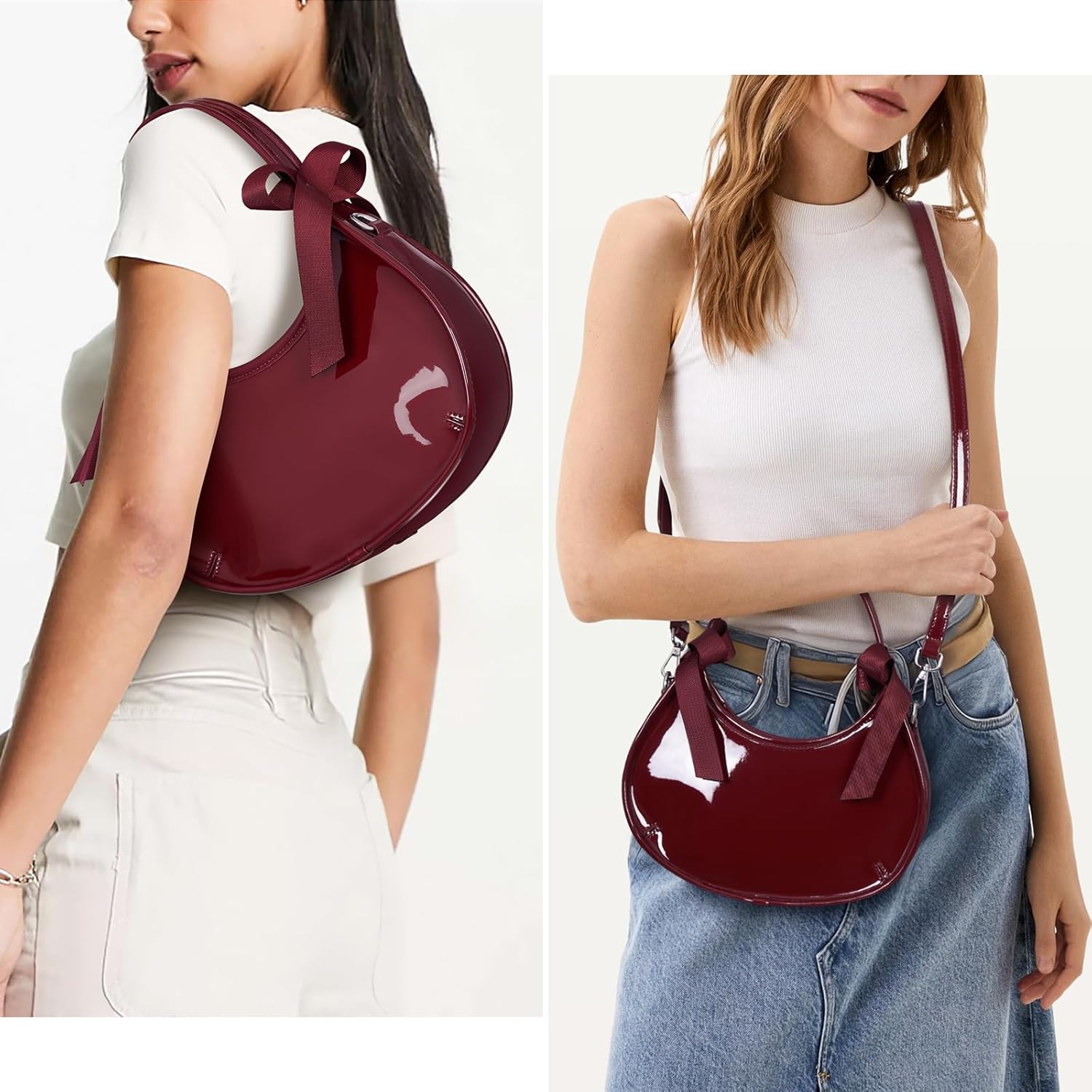 Burgundy Purse for Women Small Patent Leather Purse Y2k Shoulder Crossbody Bag Bow Tie Clutch Tote Purses
