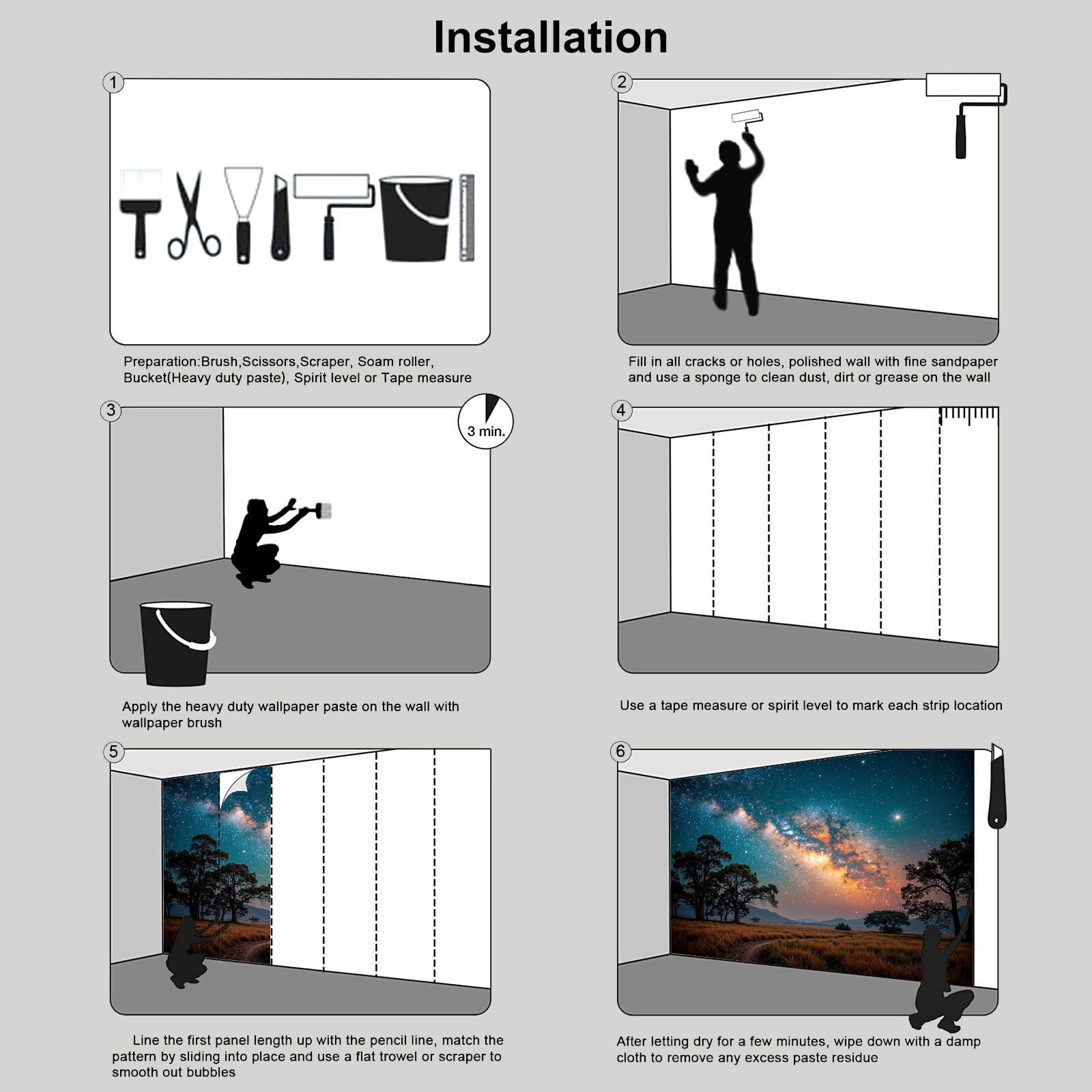Carta Da Parati Fotografica 200X140Cm Campi Stellati Paesaggio Da Sogno Poster Murale Soggiorno Camera Da Letto,Grande Fotomurali Murale Decorazione Della Parete, Blu