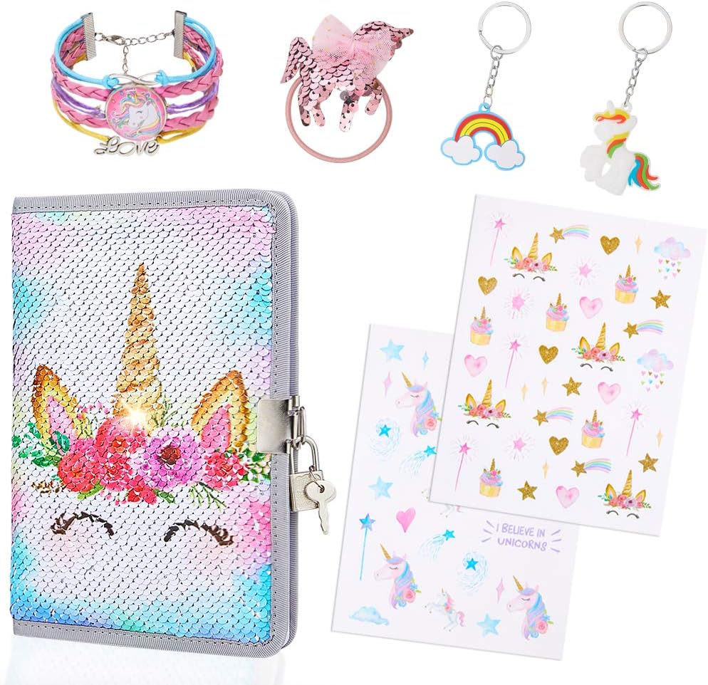 MHJY Unicorn Diary with Lock Keys, Sequin Unicorn Notebook Journal with Bracelet/Keychain/Stickers/Hair Ties for Kids Girls,White Flower Unicorn