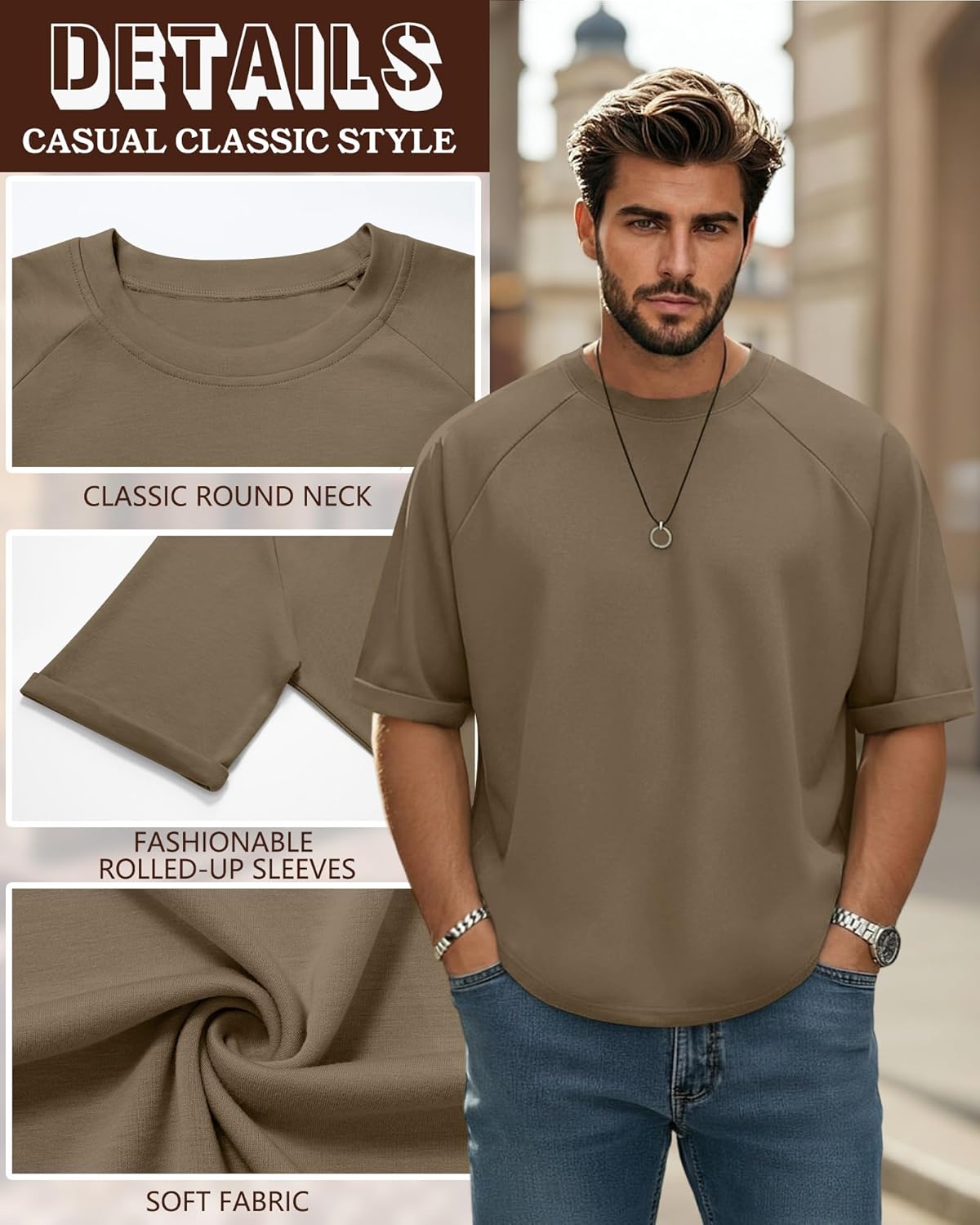 August Alley 3 Pack Mens Oversized T-Shirts Rolled Short Sleeve Tee Crew Neck Raglan Loose Shirts Solid Summer Casual Tops