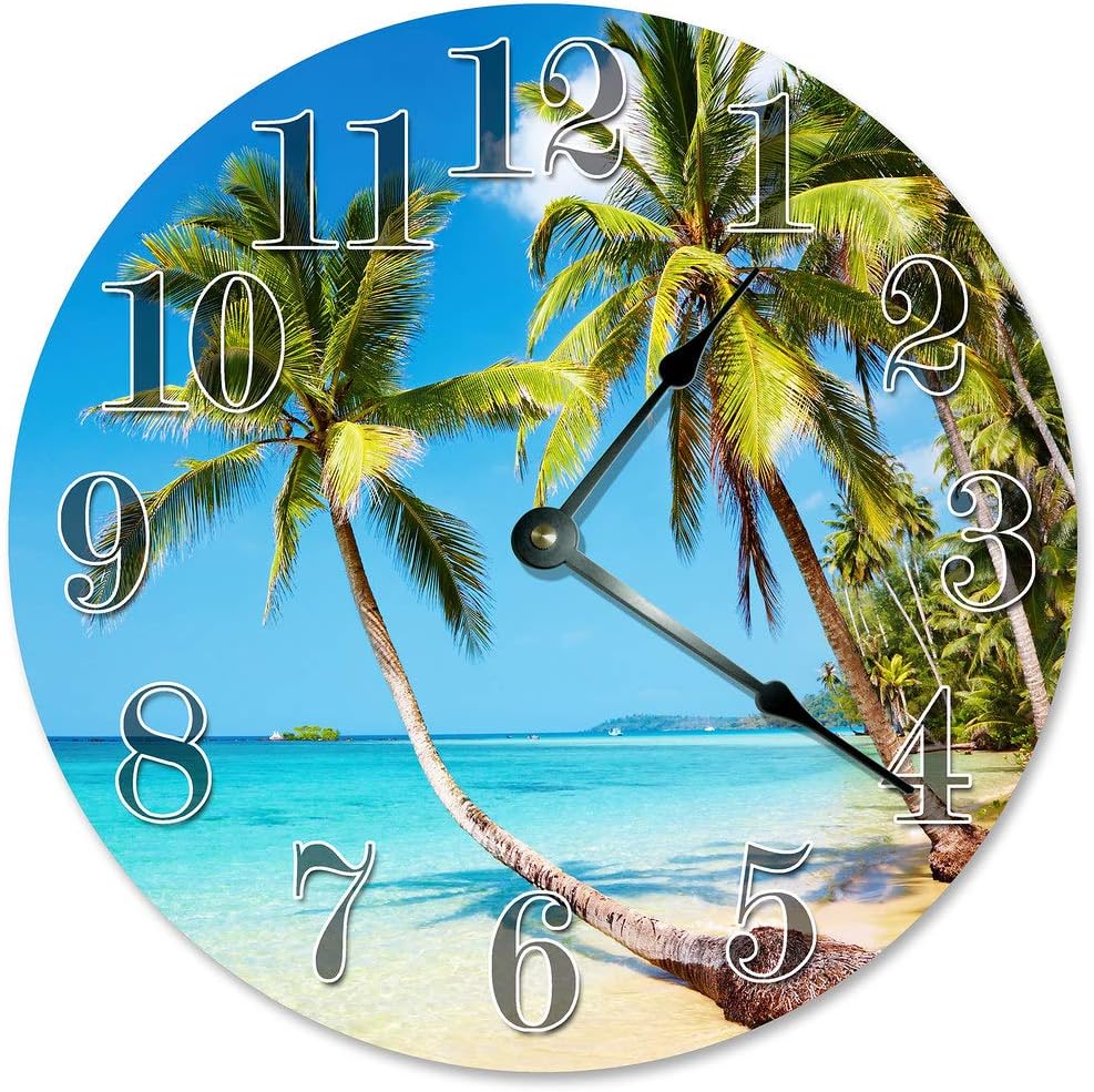 Beach Palm Trees Large 10.5" Wall Clock Decorative Round Wall Clock Home Decor Novelty Clock Beach Scene Beach Home Decor