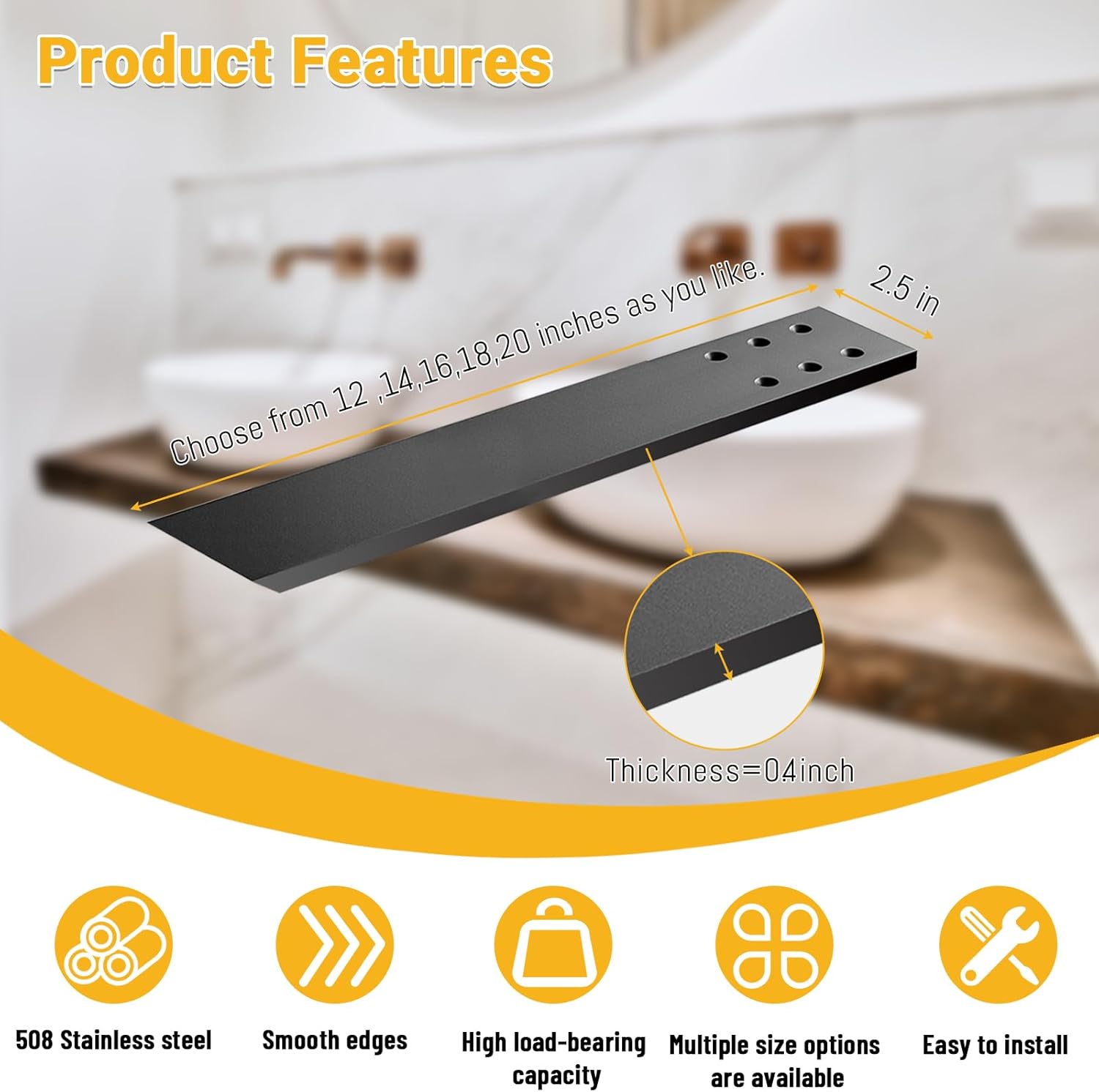 Hidden Granite Countertop Support Brackets 4 Pack 18" L x 2.5" W,3/8" Thick Heavy Duty Counter top Brackets,Flat Black Wall Mount Support Countertop Overhang Support for Quartz, Wood, Concrete,Island