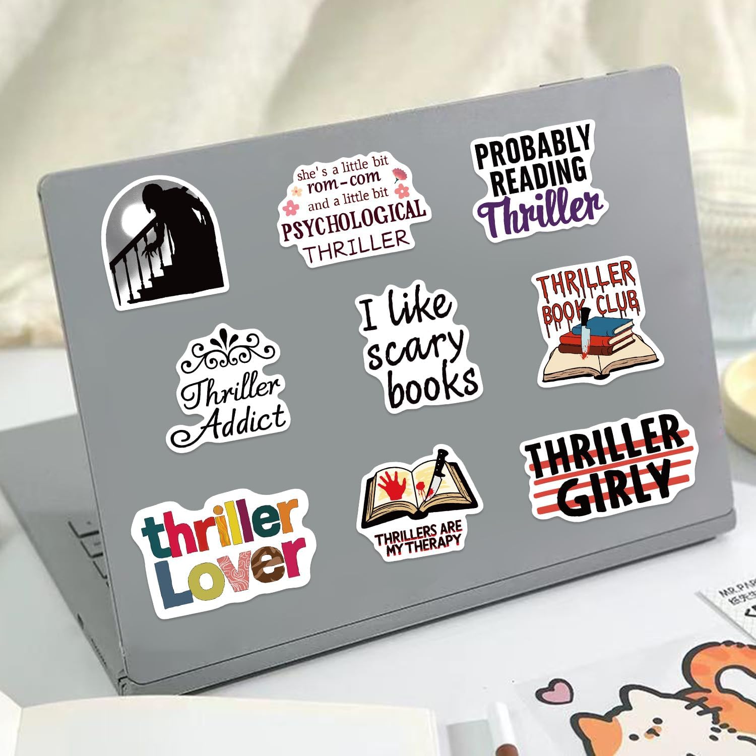 Thriller Book Stickers 50 Pack, Cool Thriller Bookish Stickers for Water Bottle Funny Waterproof Sticker for Teens Adults Vinyl Sticker for Laptop Skateboard Party Supplies