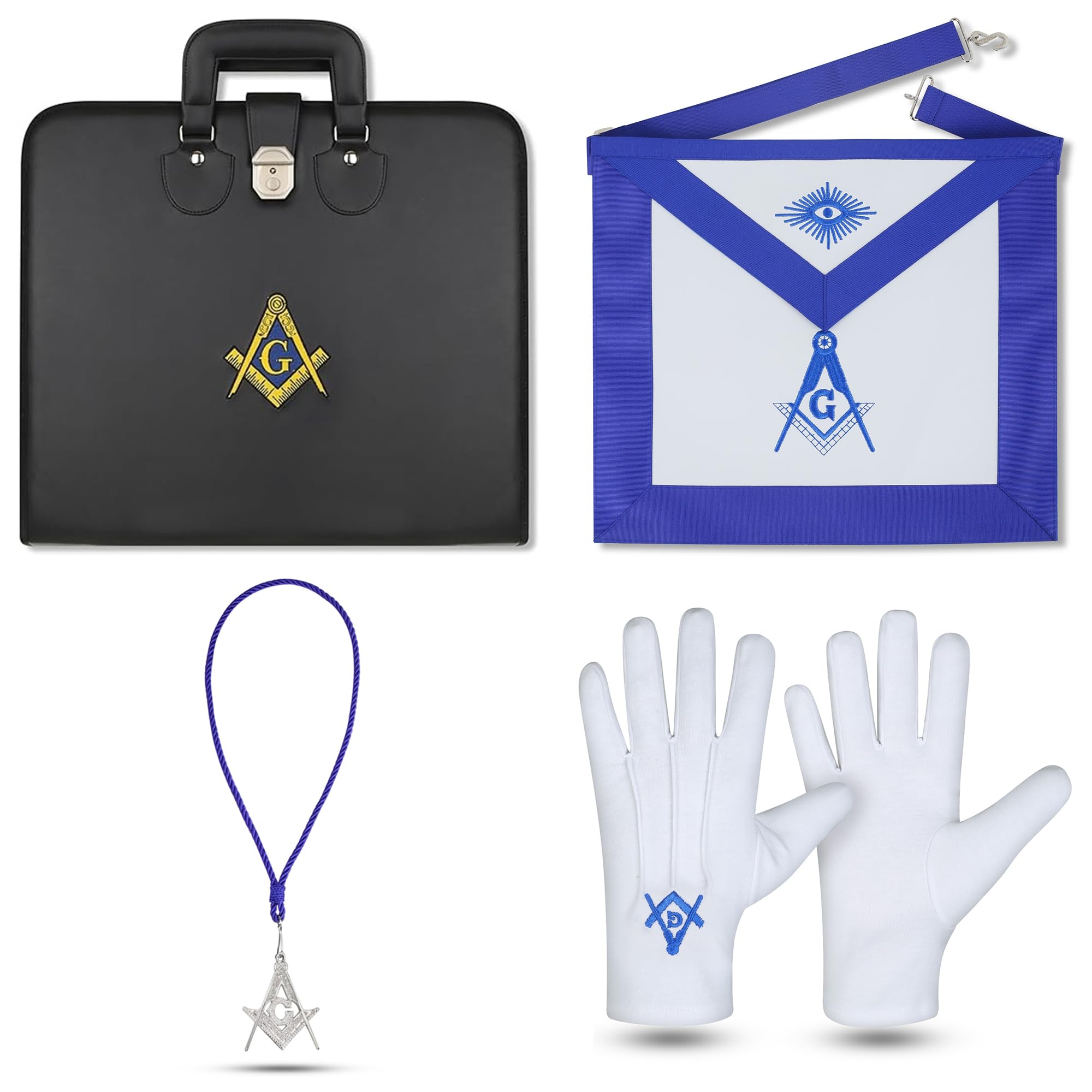 HUNAIN BUTT Masonic Blue Lodge Master Mason Apron Set Square & Compass G Logo Apron with Matching Embroidered Gloves, Blue Cord with Jewel & Soft Carry Case | Freemason Regalia