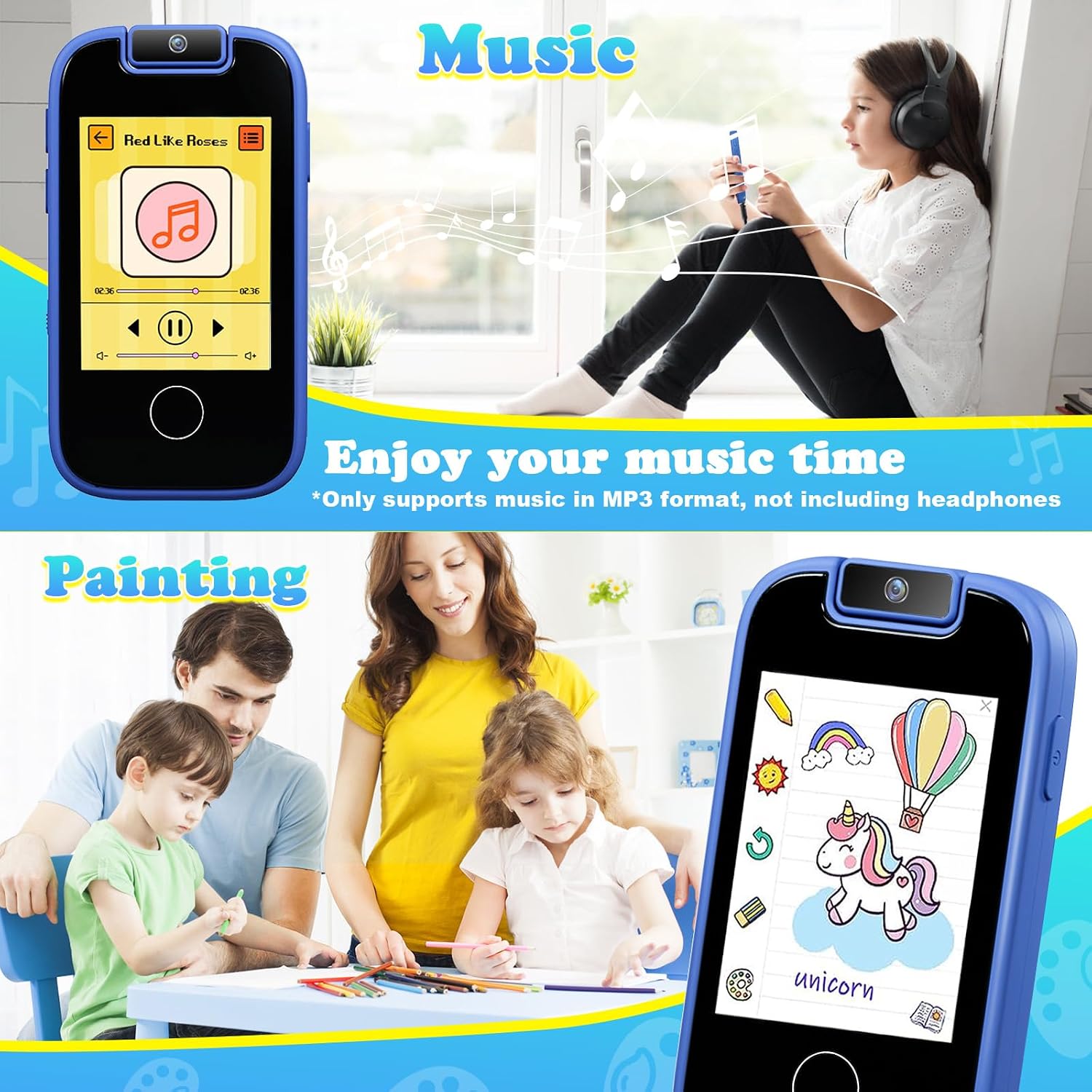 PTHTECHUS Kids Phone Toys for Girls Boys - Toddler Touchscreen MP3 Music Player with Dual Camera, Habit Tracker, Games, Alphabet, Educational Learning Toys Birthday Easter Gifts for 3-7 with SD Card