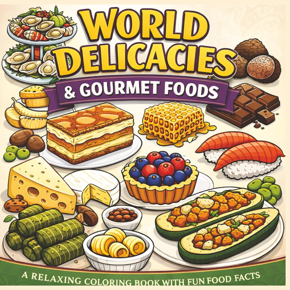 World Delicacies & Gourmet Foods: A relaxing coloring book with fun food facts|Bold Designs|Easy to color|Stress Relief and Relaxation