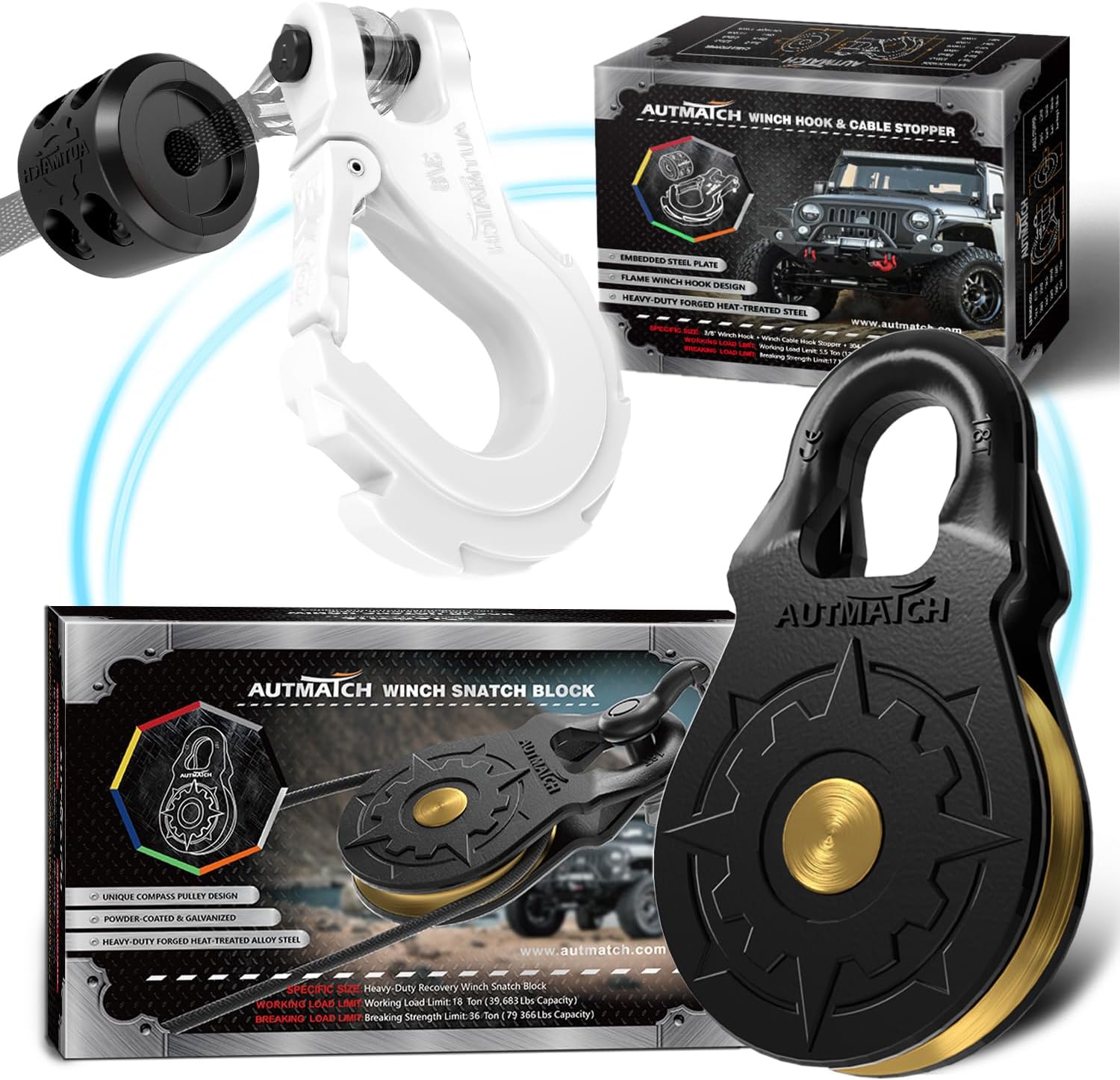 AUTMATCH 3/8" Winch Hook and Winch Snatch Block Pulley 18 Ton, Max 79,366Lbs Break Strength, Heavy Duty Off Road Recovery Towing Pulley Blocks Winch Rope, ATV, UTV, Truck, White