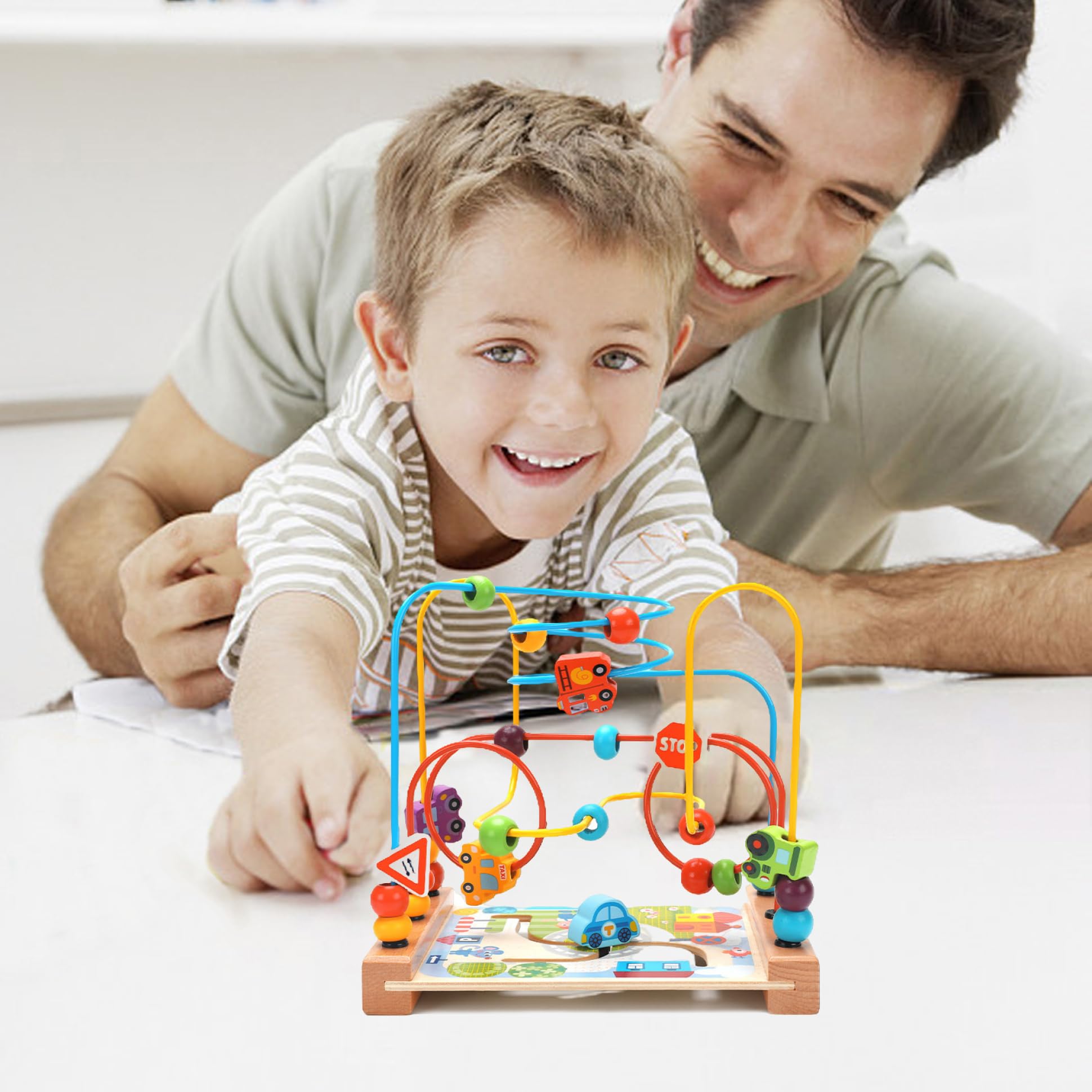 Jorzer Montaña Rusa para niños pequeños Laberinto Educativo de Cuentas de 3 Pistas con Cuentas de vehículo Montaña Rusa fácil de Empujar para Promover el Pensamiento lógico y la Capacidad de resolu..