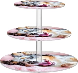 Tea Party Cupcake Stand 3 Tier Round Cupcake Tower Acrylic Display Table Decor Dessert Tea Party Serving Food Cartoon Baby Shower Playful Australian Shepherd Relax