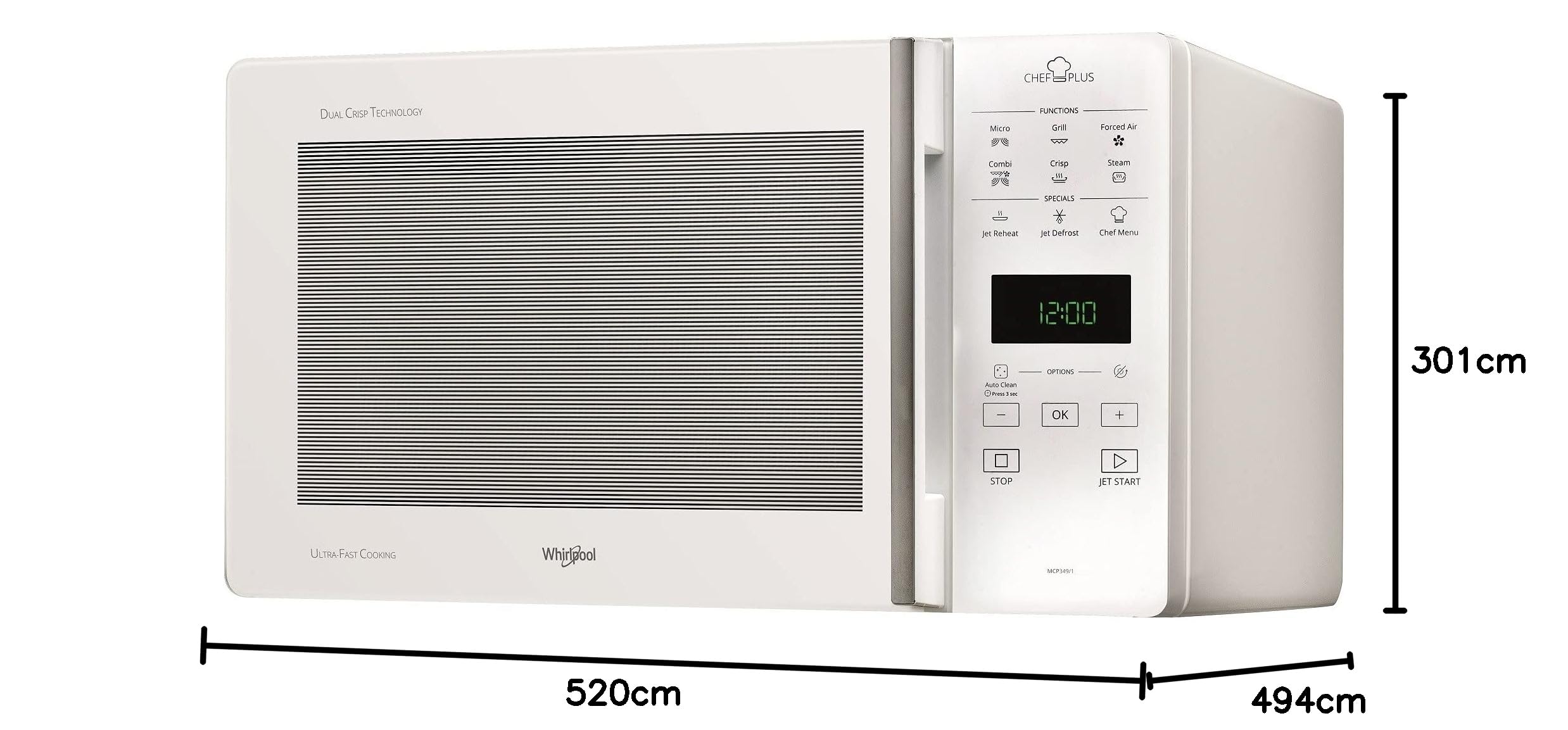 Whirlpool MCP 349/1, WH Horno microondas, Libre instalación, CHEF PLUS, Cavidad de 25 L, MW-Combi, Touch Control Sensor, Potencia MWO 800 W, Potencia Grill 900 W, color blanco