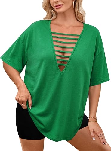 Remidoo Womens Oversized Tshirt Ripped Tie Dye Shirt Sexy Cut Out Top Short Sleeve V Neck Tee