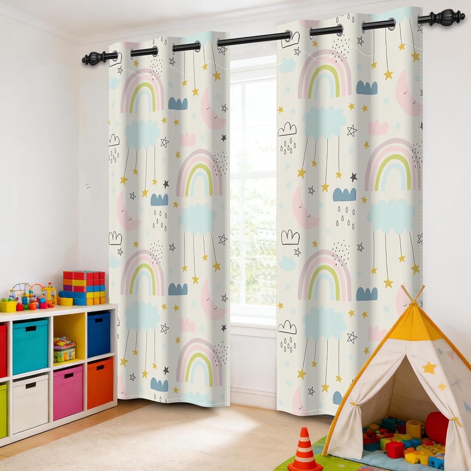 Kids Blackout Curtains for Nursery Girls Bedroom, Cute Rainbow Star Moon Print Thermal Insulated Room Darkening Drapes with Grommet Top, 2 Panels, 2 Panels, 42W x 84L