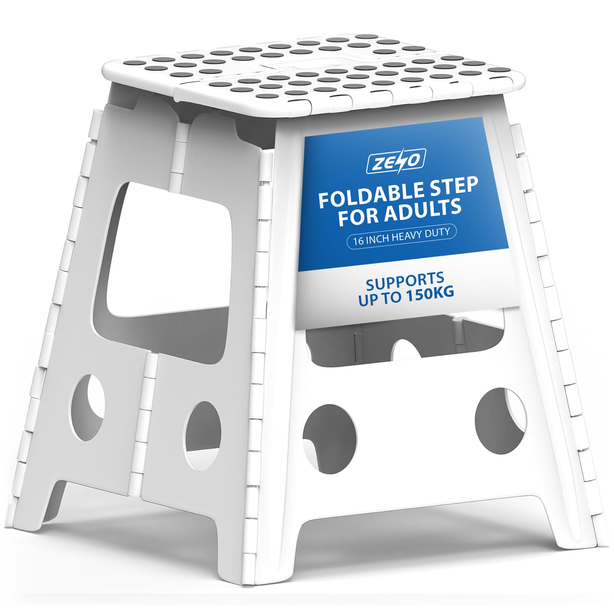 Zeno White Step Stool 16 Inch | Folding Stool | Heavy Duty Foldable Stools For Adults & Kids | Folding Stools For Kitchen, Bathroom, Bedroom | Lightweight & Easy To Carry | Holds 150Kg |