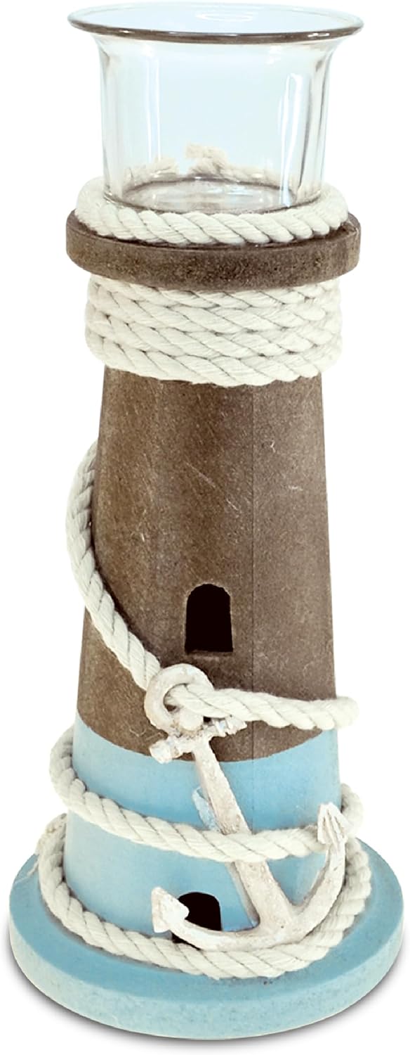 COTA Global Evian Hanging Wooden Tealight Candle Holder - Table Top Centerpiece Coastal Decor for Home, Beach House, Rustic Decorative Lantern with Boat Anchor - Handmade Color May Vary