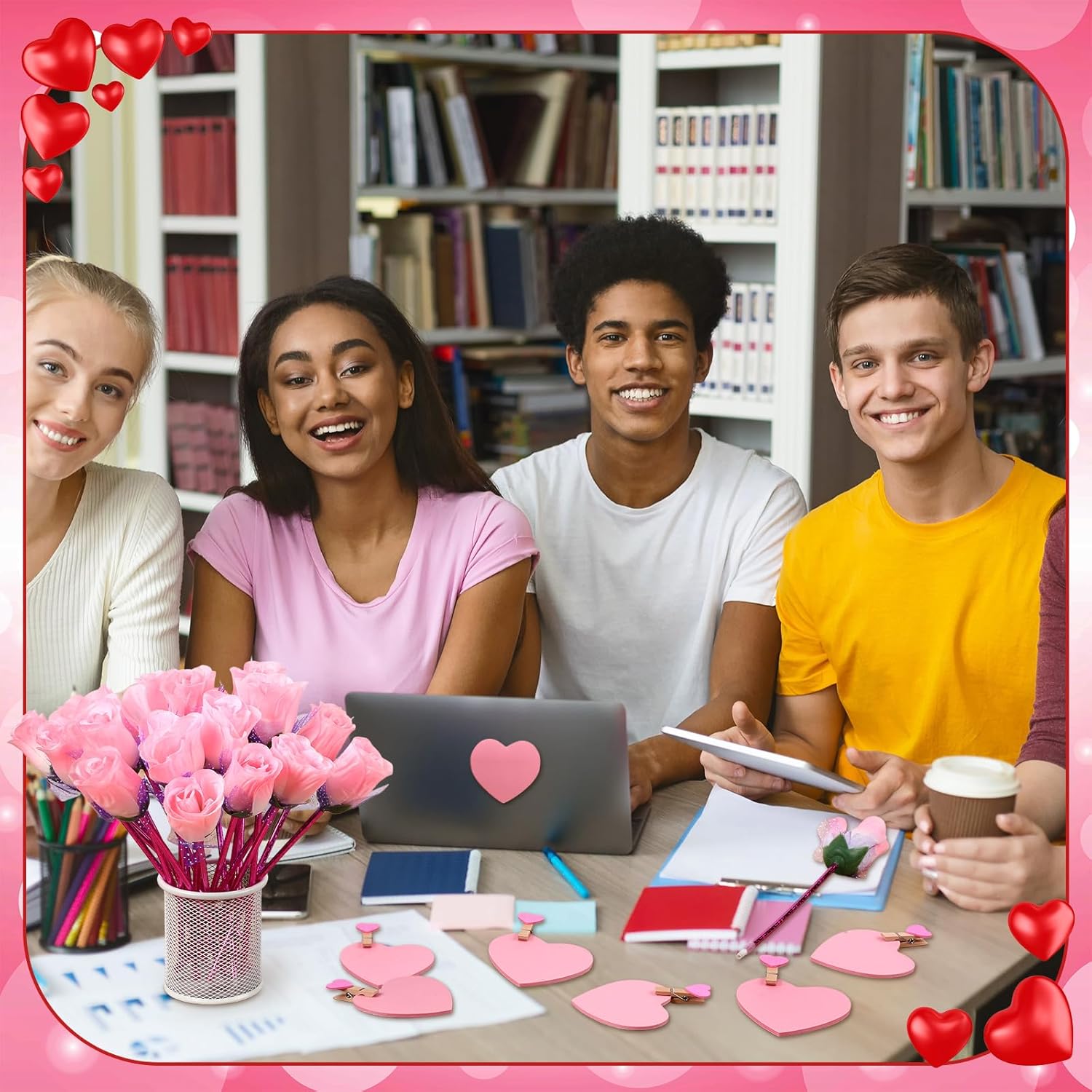 Yexiya 48 Sets Valentine's Day Flower Rose Pen Bulk Gifts with Sticky Notes Heart Clips Goodie Bags for Women Teacher Cowork Nurse Office Gift (Pink)