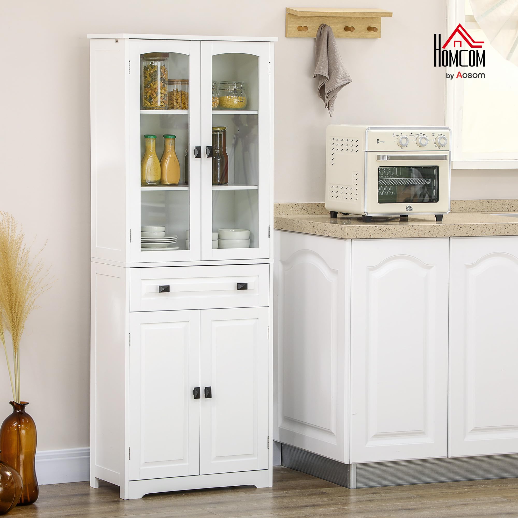 HOMCOM Credenza Cucina con 2 Armadietto e Cassetto 60x30x160cm Bianco | Mobile Dispensa Stretto, Ante in Vetro, Ripiani Regolabili, per Soggiorno, Sala da Pranzo