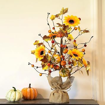 Artificial Fall Lighted Maple Tree, 18 Inch Thanksgiving Tabletop Lighted Tree Battery Operated Tabletop Autumn Tree Table Decoration Lights for Autumn, Thanksgiving, Holiday Decorations (3)