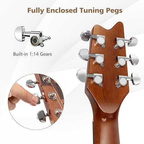 Miniatura 4 de Guitarra acústica Cutaway de 41 pulgadas, guitarra de 6 cuerdas de tamaño completo con engranaje cerrado y respaldo de madera de sapele, kit de