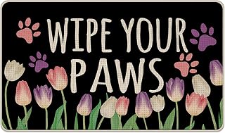 Spring Summer Wipe Your Paws Welcome Front Door Mat, Dog Cat Paw | Print Tulip Flower Decorative Doormat Non-Slip Floor Entryway Rug, Black Indoor Outdoor Home Kitchen Decoration 17x29 Inches