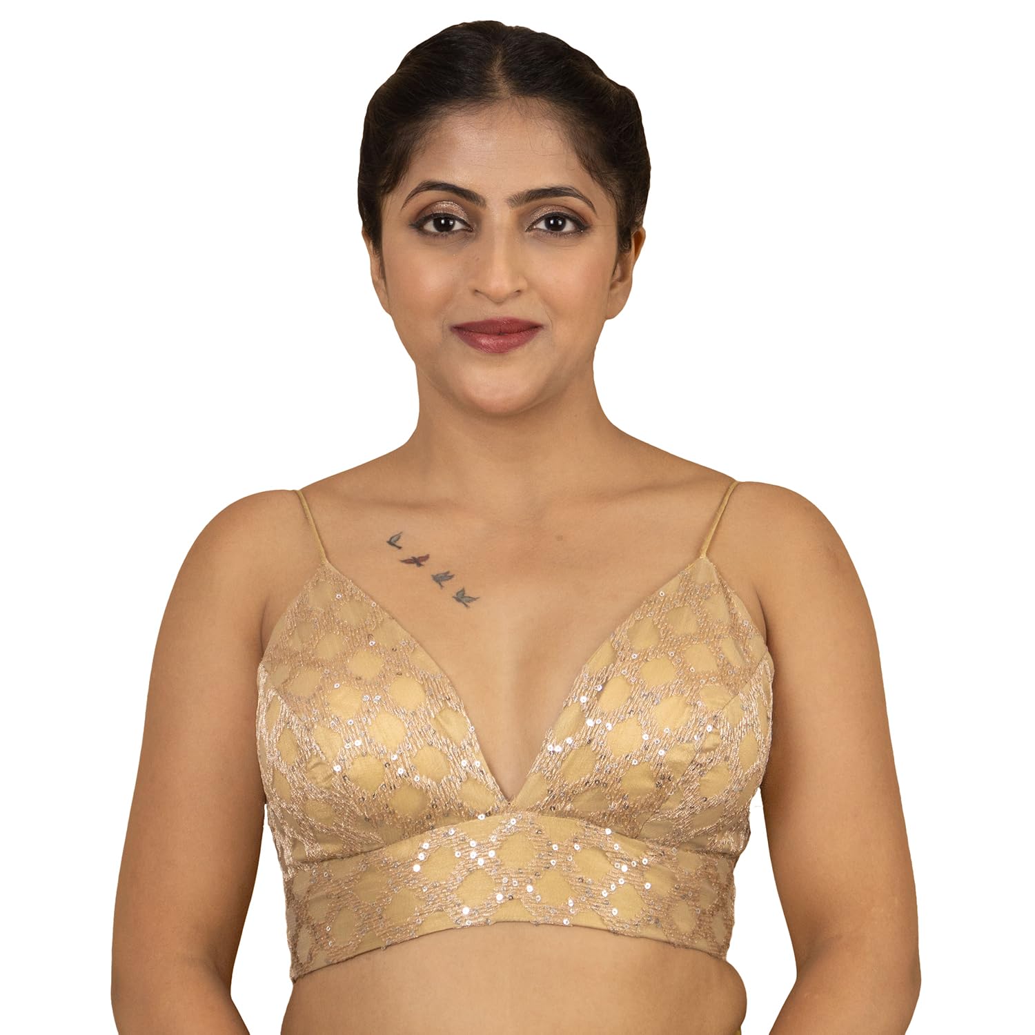 figure's designer Women's Sequin Waves Embroidered Deep V Neck Spaghetti Style Sleeveless Designer Readymade Padded Saree Blouse Ethnic Wear Fancy Bridal Wedding Rani Pink Gold Black Silver | E15 (Gold, 34)-picture-46