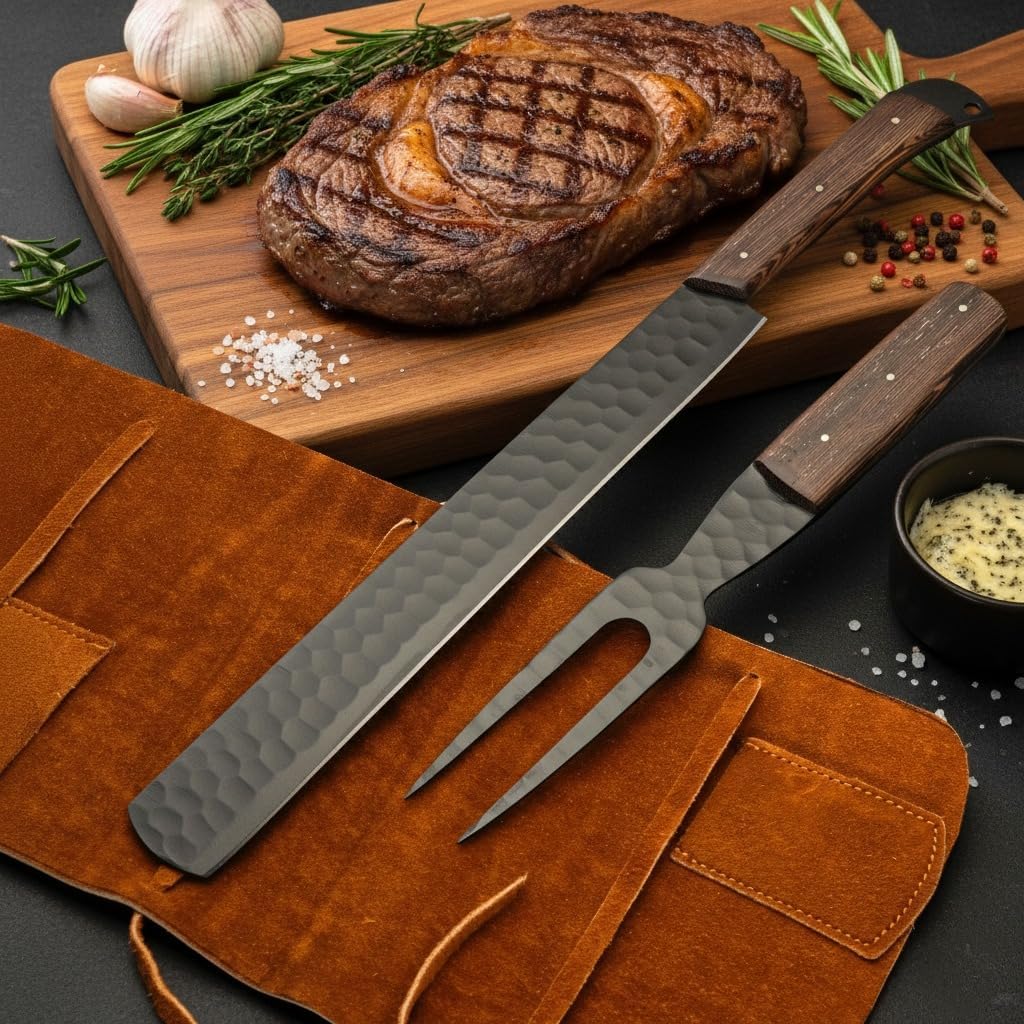 Brisket & Fork Set, Professional High Carbon Steel With Powder Coated Blade Razor Sharp Butcher Brisket Slicing Knife Set for Meat Cutting, BBQ