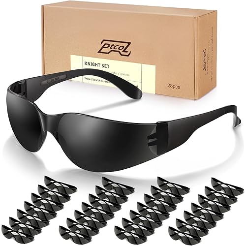 28 Pack Safety Glasses (Bulk Pack of 24+4) Unisex Black Tinted Anti-Scratch Protective Goggles Impact Resistant Lens Eyewear with ANSI Z87.1 Certified Perfect for Construction, Shooting and Laboratory