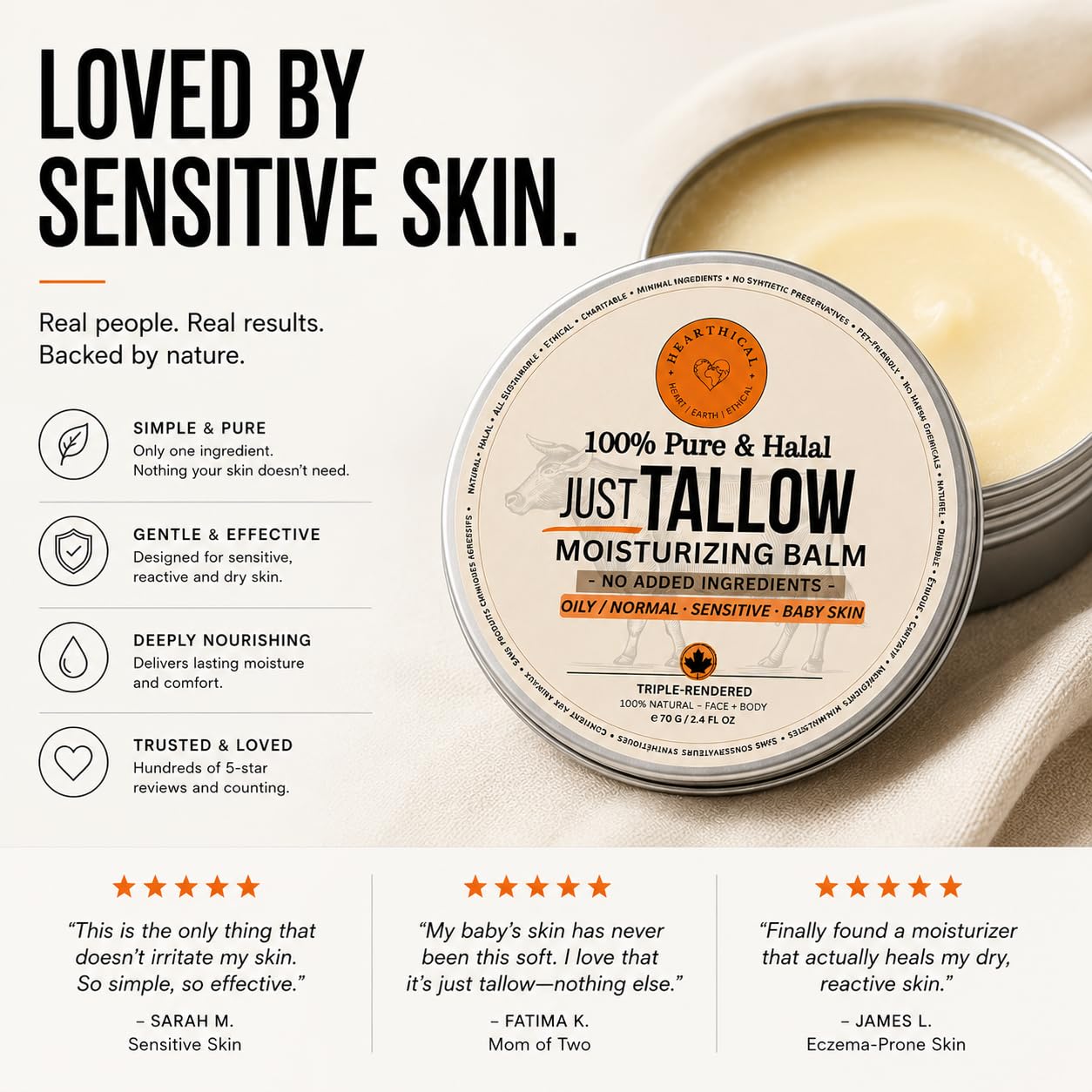 JUST Tallow - No Added Ingredient - 70 g Halal Grass Fed Beef Tallow For Skin - Organic Beef Tallow Moisturizer – Beef Tallow Face Moisturizer & Beef Tallow Balm For Face – Unscented image 5