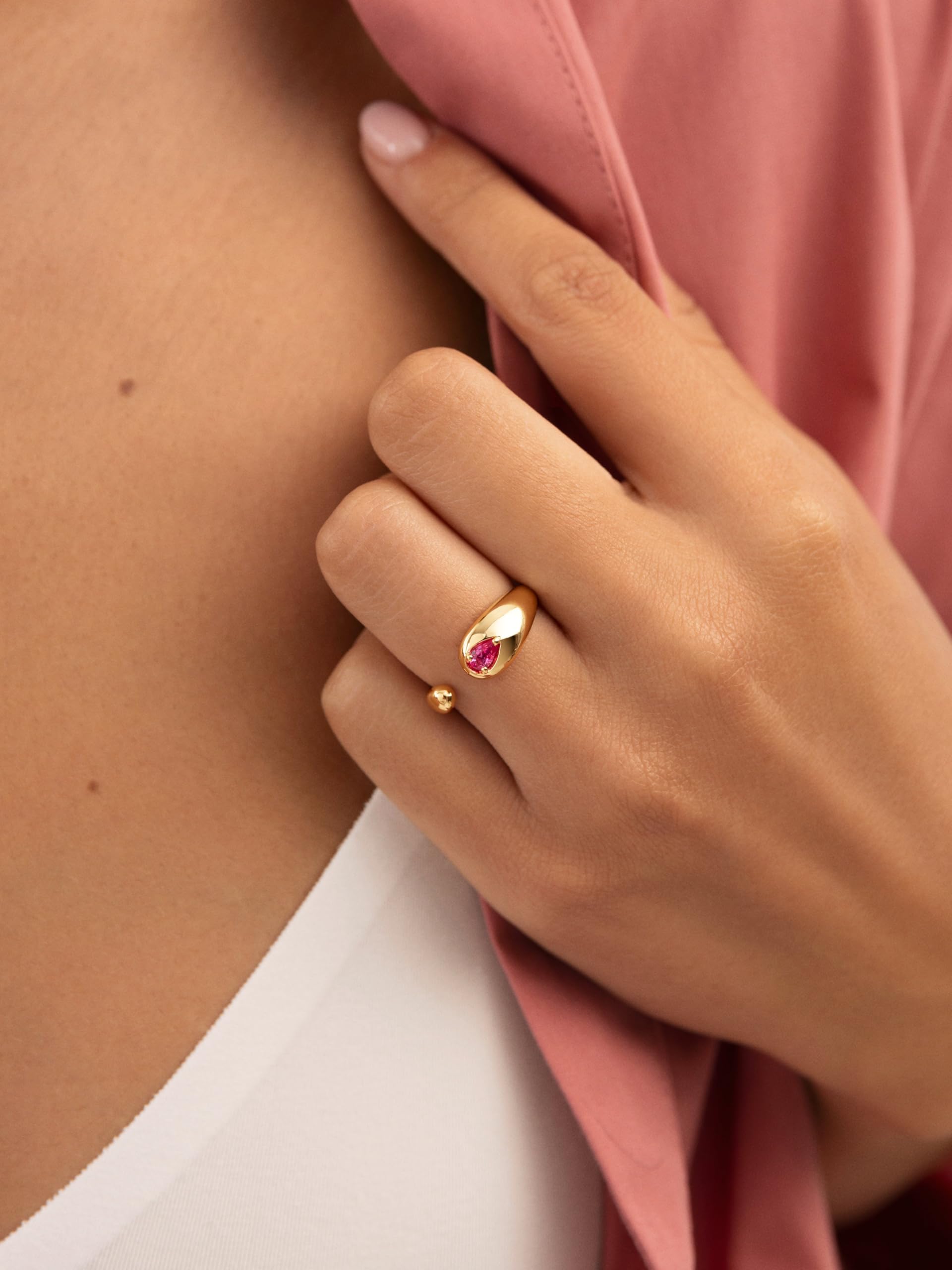 SINGULARU - Anillo Doble Gota Pink o Spark. Latón con Baño en Oro de 18 Kt y Circonita. Joyas Para Mujer.