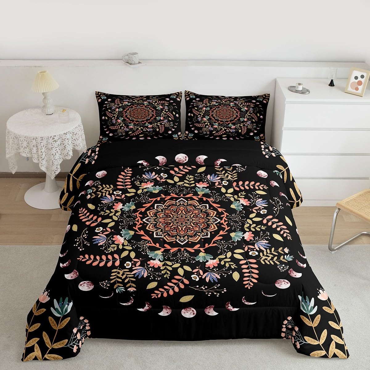 Sun and Moon Kids Comforter Set Queen Size,Mandala Flowers Leaves Boho Exotic Bedding Set,Boys Girls Adults Room Decor,Starry Sky Datura Trippy Down Comforter,Colorful Duvet Insert,2 Pillowcases