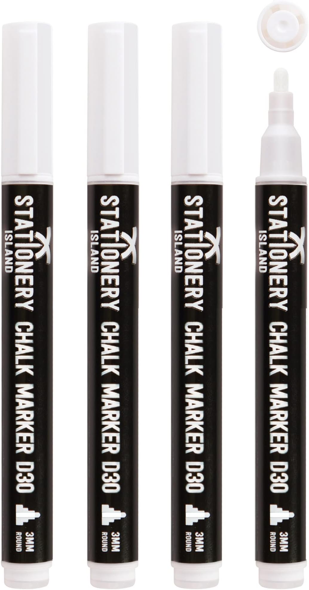 Stationery Island Liquid Chalk Pens White Markers for Blackboards Dry Erase Chalk Marker Pens Wipeable for Chalkboard, Window, Glass, Signs and Mirrors - 3mm Fine Bullet Nibs (White Pack of 4)