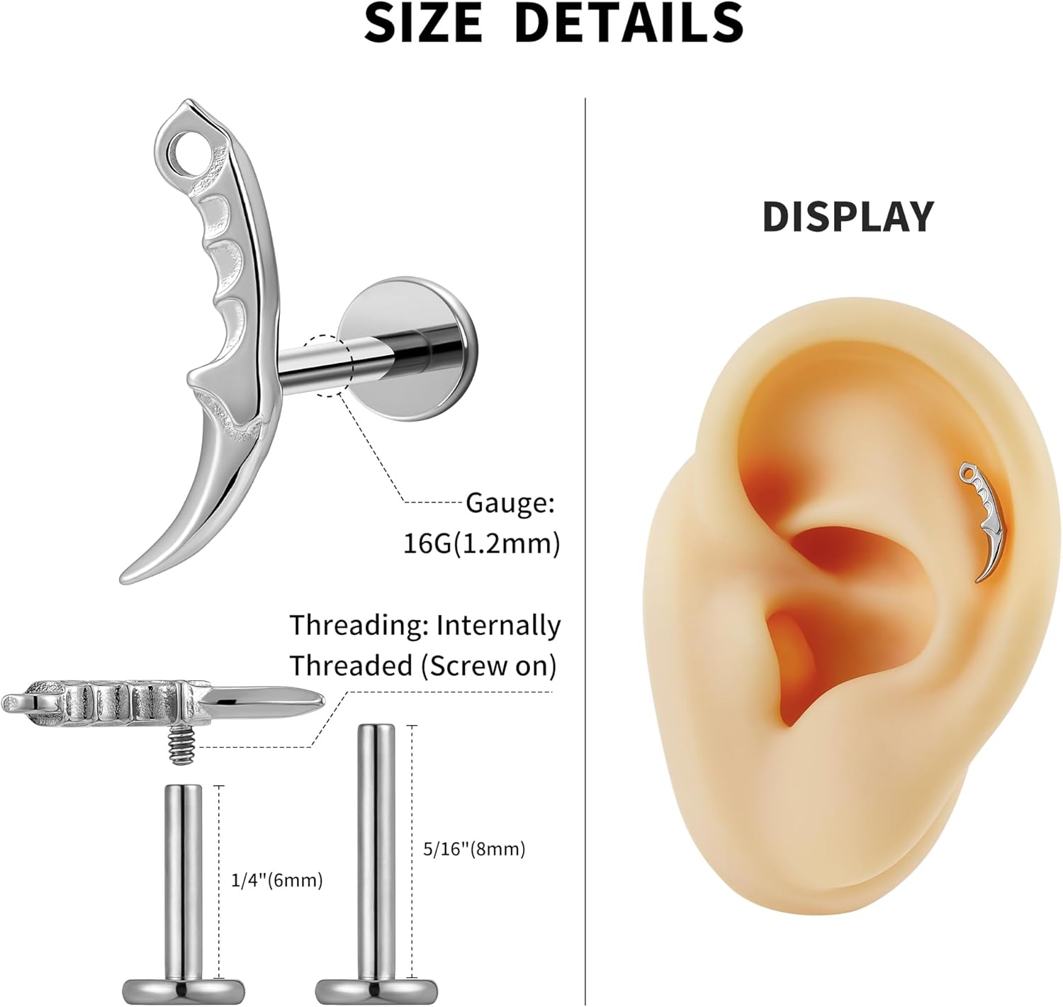 FINE4U 1PC ASTM F136 Titanium Internally Threaded Piercing Jewelry Stud 16G 6mm 8mm for Helix, Tragus, Conch, Flat - Image 2
