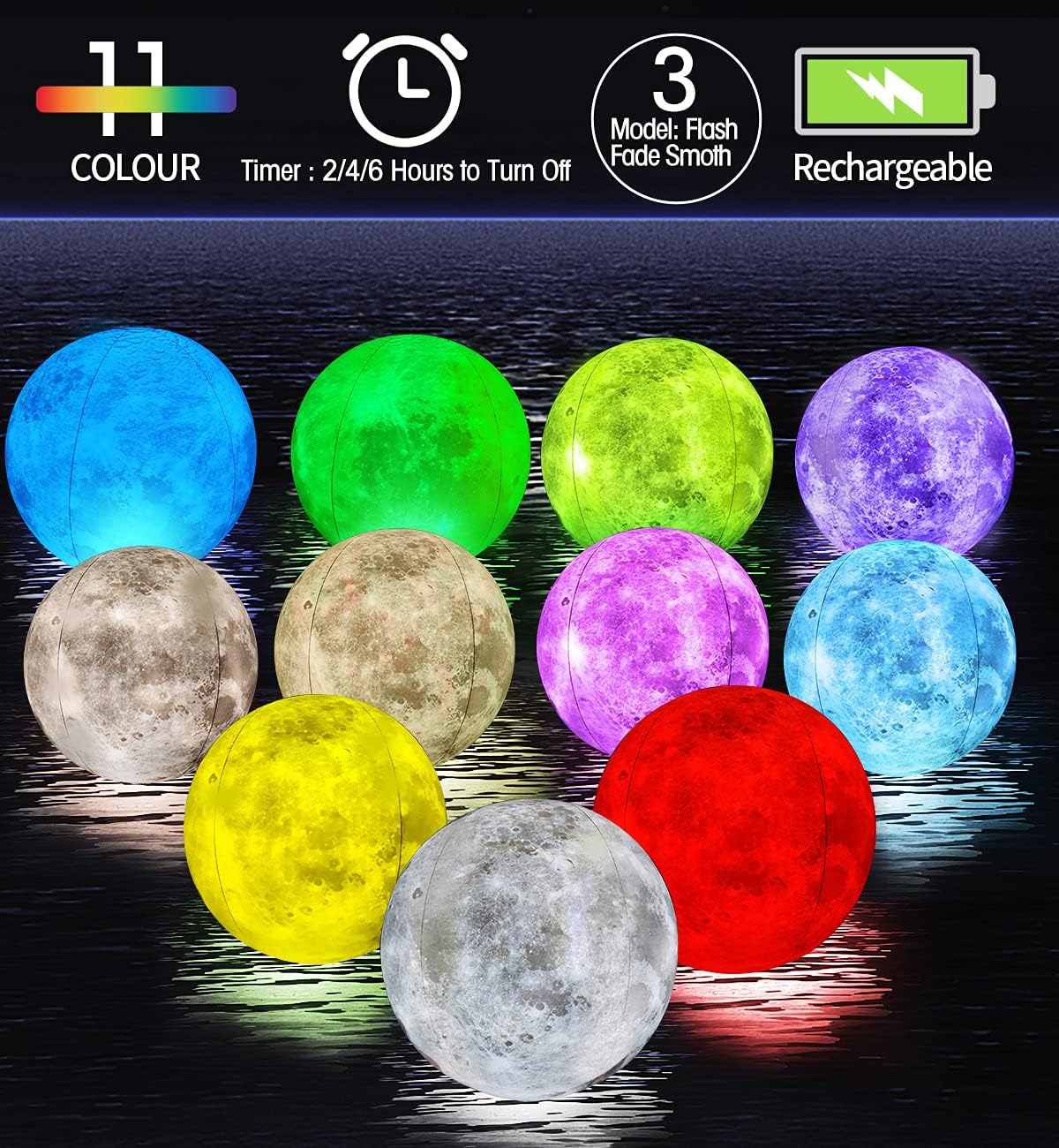 IOKUKI 16'' Rechargeable Floating Pool Lights, Light Up Pool Toys Inflatable Moon Light Ball with RC / Timer, Glow Beach Ball Pool Floats Kids & Adults for Pool Game Party Decorations