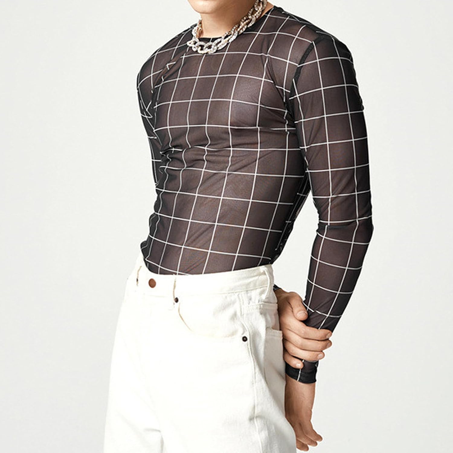 Evankin Mens Sexy Lace Shirt Top See Through Grid Print Long Sleeve T-Shirt Sheer Mesh Undershirts for Male - Image 5