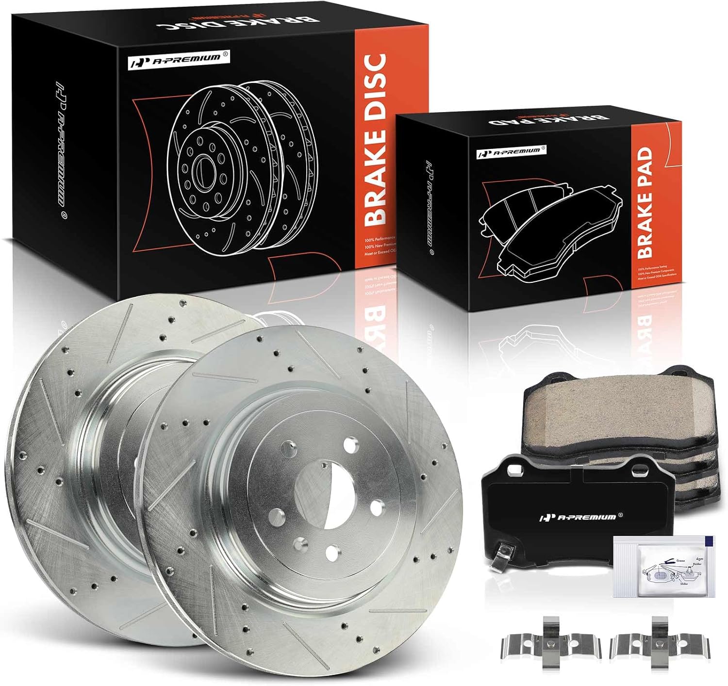 a-premium 14.37 inch (365 mm) rear drilled and slotted disc brake rotors + ceramic pads kit compatible with select tesla models - model s 2012 2013 2014 2015 2016, 6-pc set