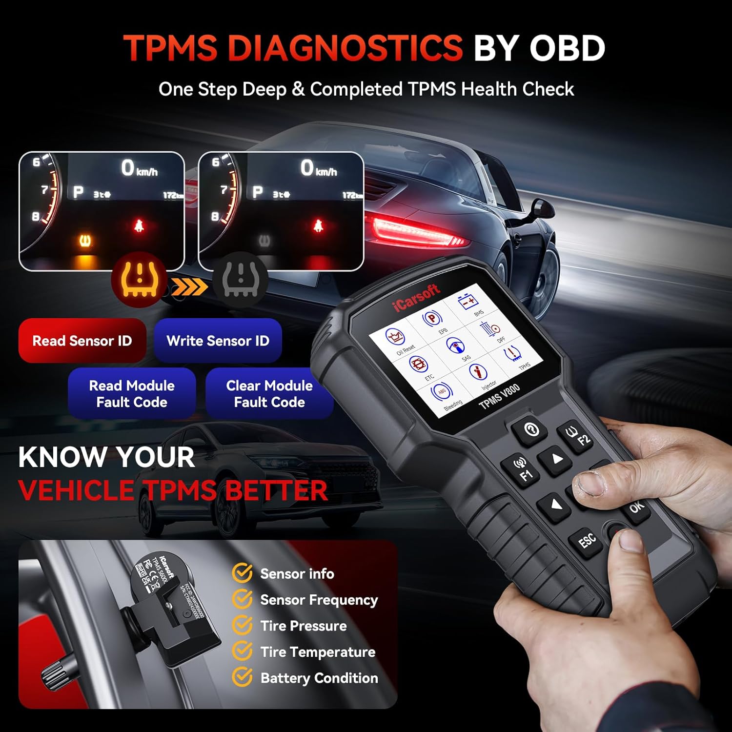 iCarsoft TPMS V800 TPMS Programming Relearn Tool, Read/Clear TPMS Code, TPMS Programmer Relearn Tool OBD2 Diagnostic Scanner, Bidirectional Test, All System, Battery Registration, AutoVIN, 9 Reset