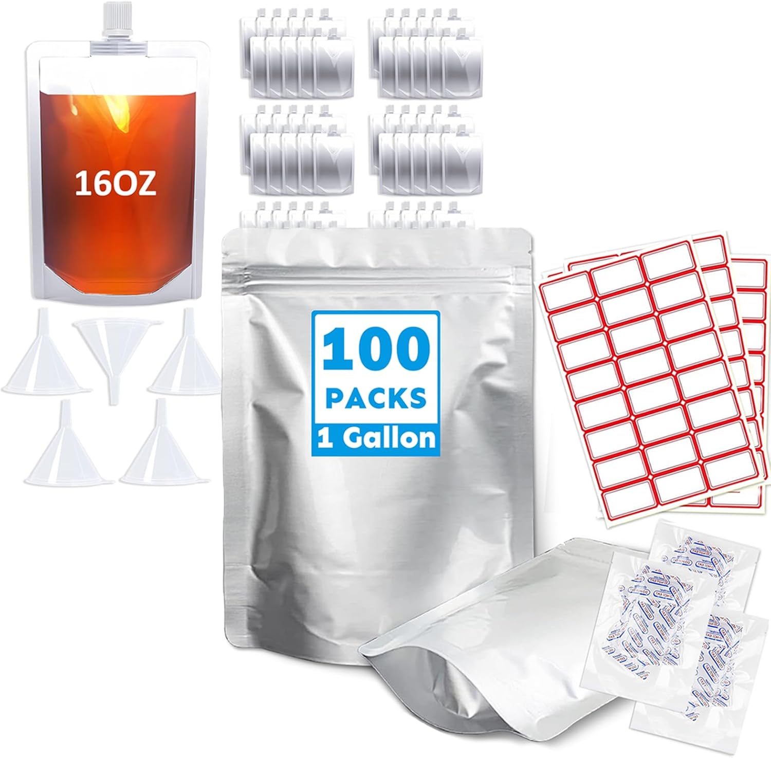 100PCS 1Gallon Mylar Bags&100PCS 16OZ Drink Bags,Stand Up Bags with Oxygen Absorbers&Labels for Food Storage,Reusable Plastic Flasks Pouches with Funnel for Beverage,Juice,Camping,BPA Free