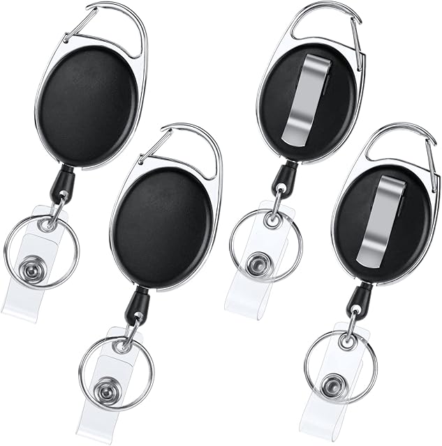 Vicloon Retractable Badge Reels, 4pcs Heavy Duty Retractable Keychain, 2 in 1Reel Clips Retractable Badge Holder with Key Belt Reel for Key Ring ID Card Badge Holder