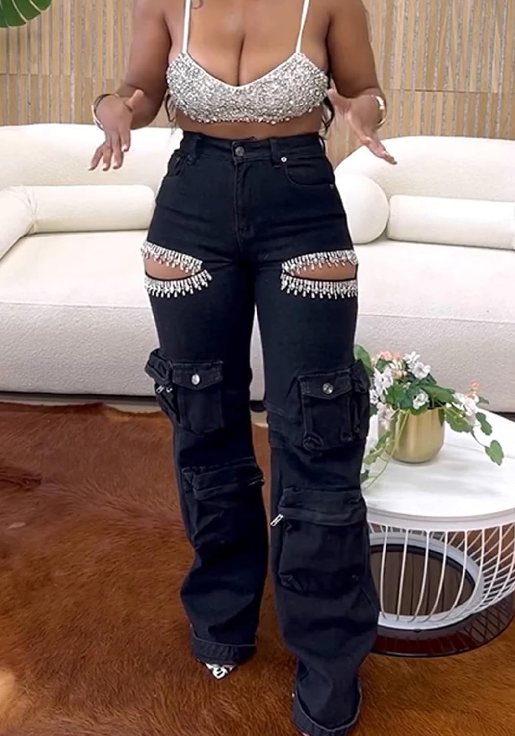 Vakkest Women's Rhinestone Cargo Jeans High Waisted Ripped Distressed Wide Leg Stretchy Denim Pants with Flap Pockets - Image 4