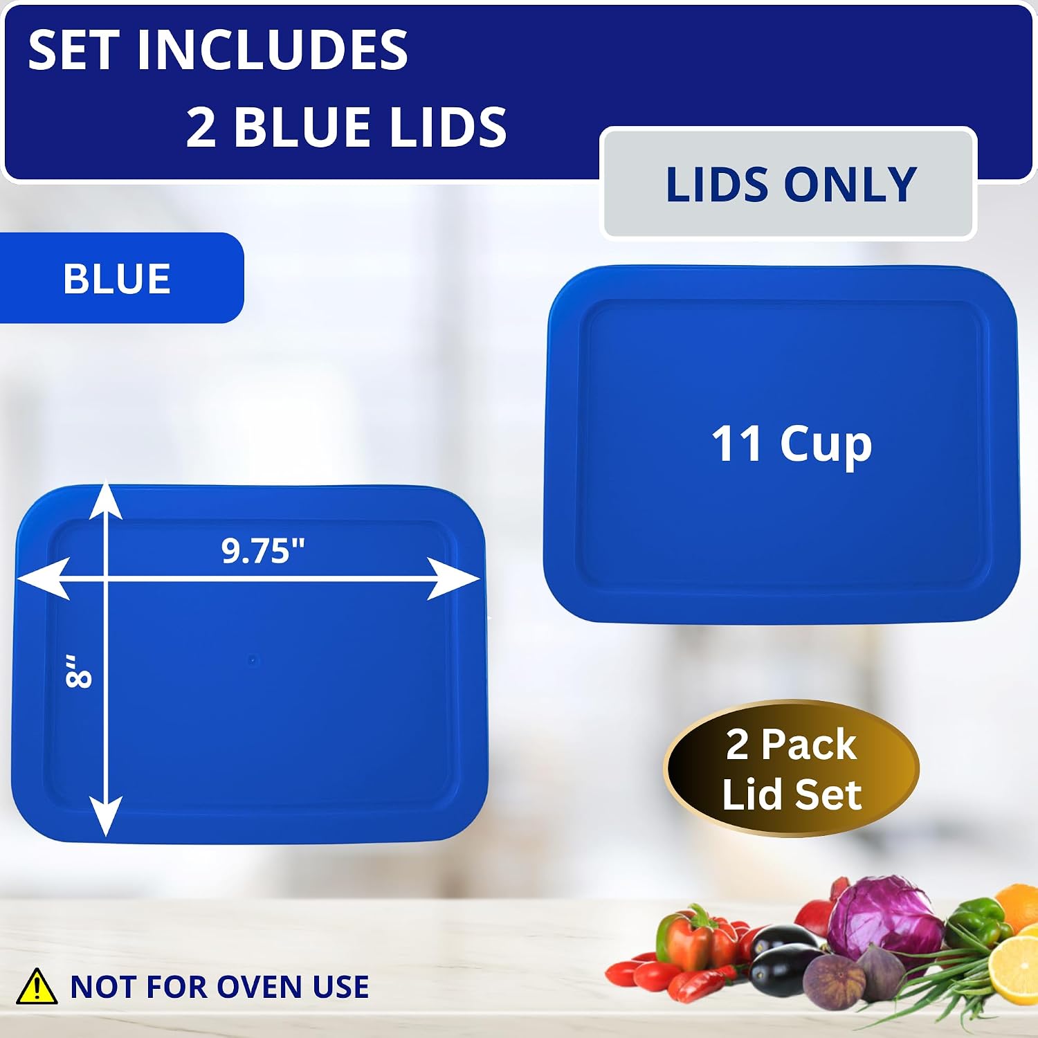 11 Cup/2.6 L Blue Replacement Lids/Covers for Pyrex 7212-PC, 11 Cup/88oz Anchor Hocking & Klare Ware Storage Bowls *Lids Only* - *Glass Container Not Included* (2 Pack, Blue)