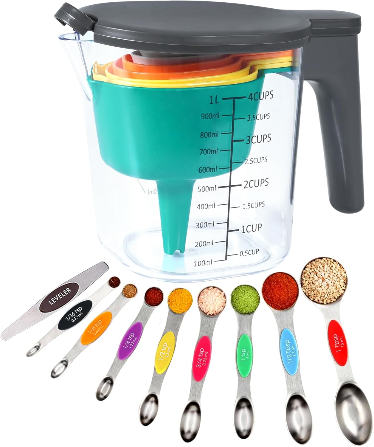 19 Pieces Measuring Cups and Spoons set, Includes 10 Stackable Measuring Cup with Lid and 9 Magnetic Measuring Spoons, BPA Free, Dishwasher Safe (Multicolor)