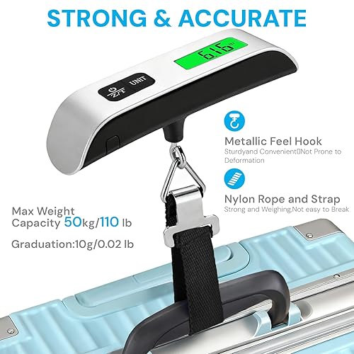Miniatura 4 de Báscula digital de equipaje, báscula de equipaje portátil de 110 libras para viajes con pantalla LCD retroiluminada, conmutación de 4