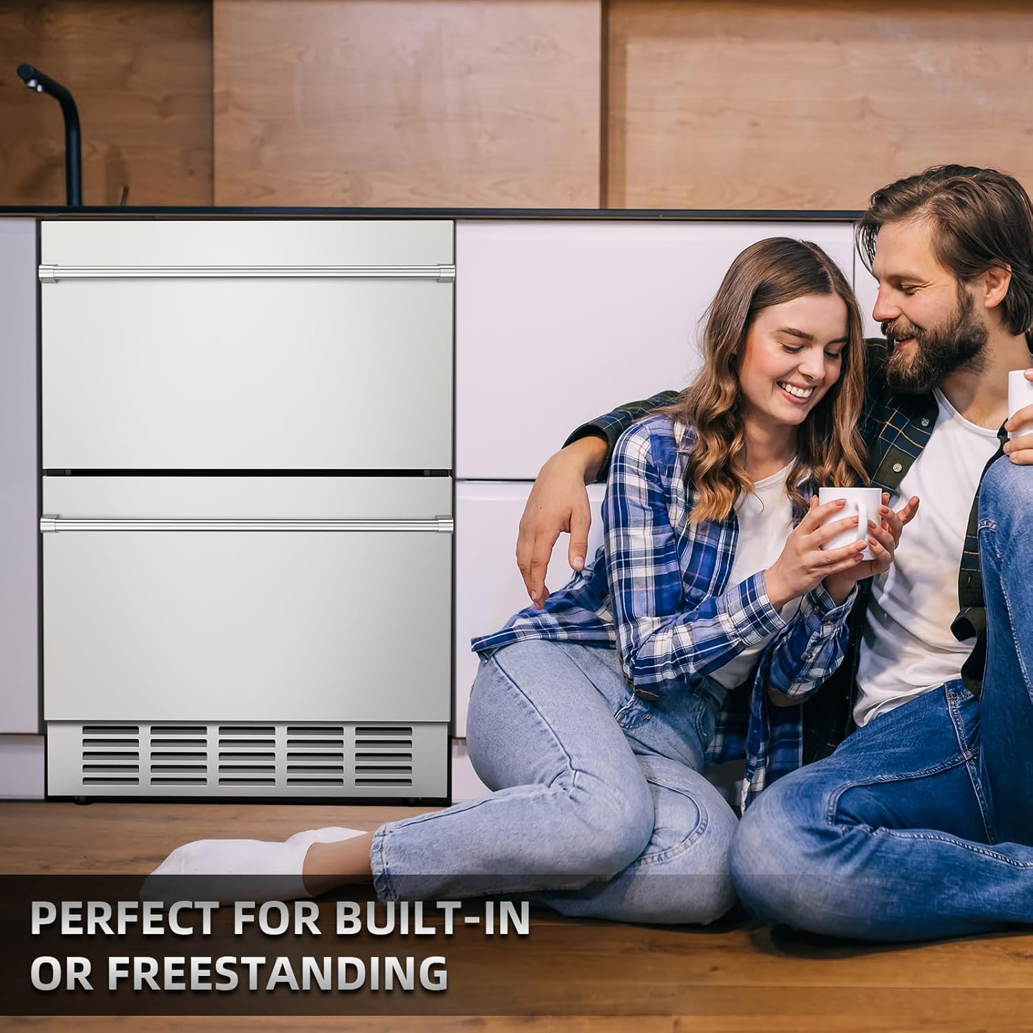 24 Inch Under Counter Double Drawer Fridge,Two Drawer Refrigerator Indoor Beverage Refrigerator, Stainless Steel Beverage Fridge for Home & Commercial Use (Foam Door)