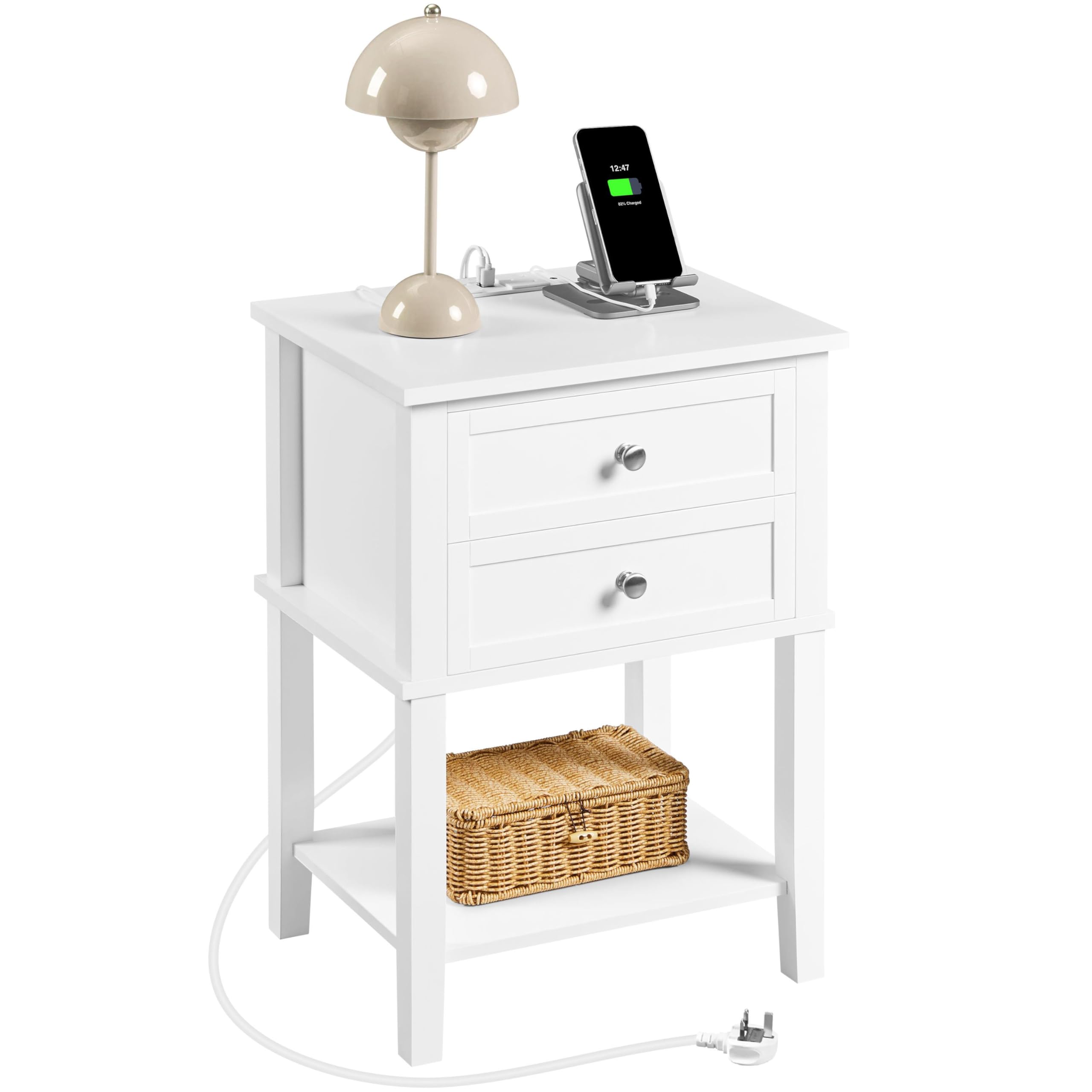 Yaheetech White Bedside Table with Charging Station, Wooden Bedside Cabinet with 2 Drawers for Bedroom, 2-Tier Bed Side Table with Shelf for Small Space Living Room, Modern Accent Furniture