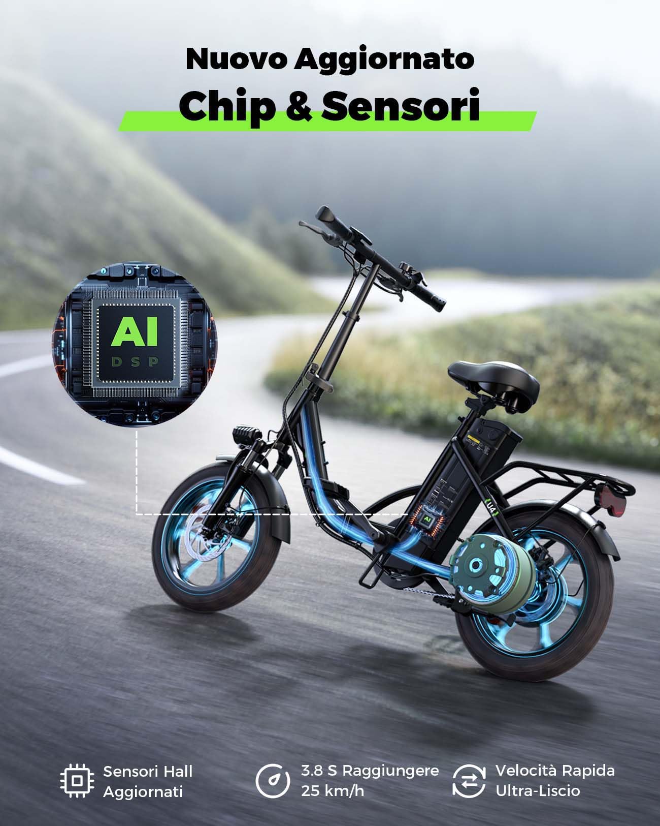 Finbike 250w Bici Elettrica Pieghevole, Bicicletta Elettrica A Pedalata Assistita, 374.4WH Batteria, Max Autonomia 88KM, 3 Modalità Di Guida, Carga 120kg