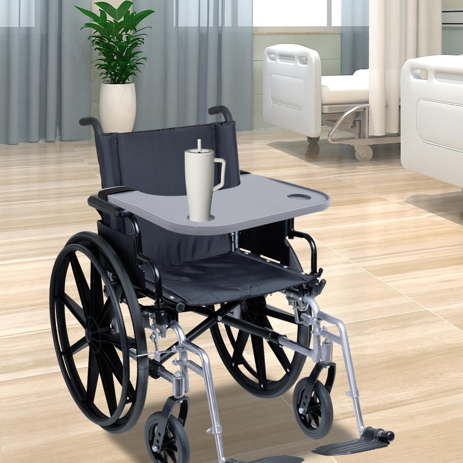 Rollstuhltisch abnehmbar, Rollstuhl Tablett mit Getränkehaltern, ABS Ess- und Arbeitstablett, Anti-Rutsch, einfache Befestigung, für Senioren, Pflege, Mobilitätshilfe, 58 × 53cm