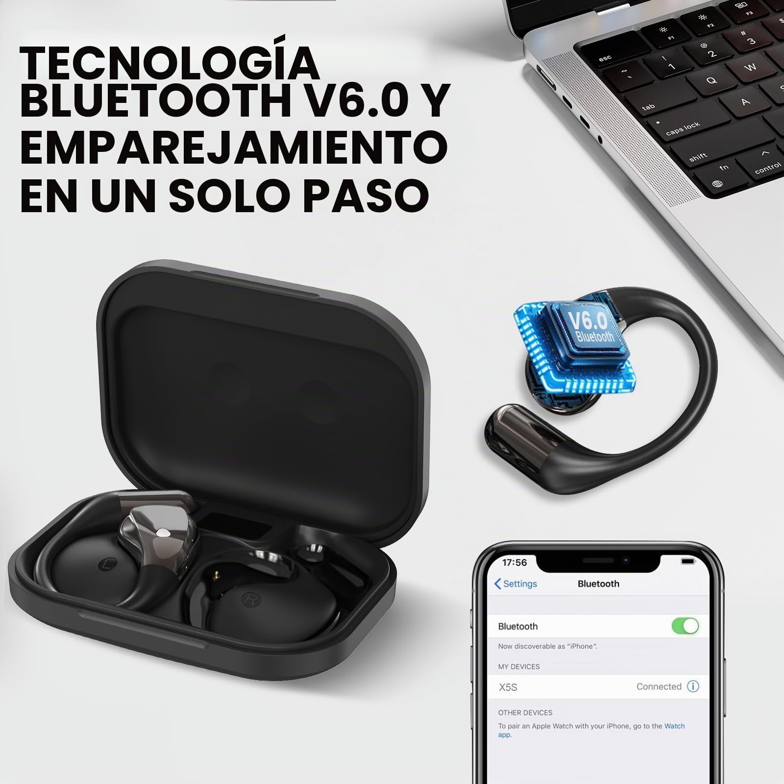 Auriculares inalambricos Deportivos, Bluetooth V6.0 lnalámbricos Cascos Hi-Fi Estéreo, 40H Llamada ENC HD Auriculares, Pantalla LED, IP7 Impermeable Auriculare Oreja Abierta para Sport/Running, Negro