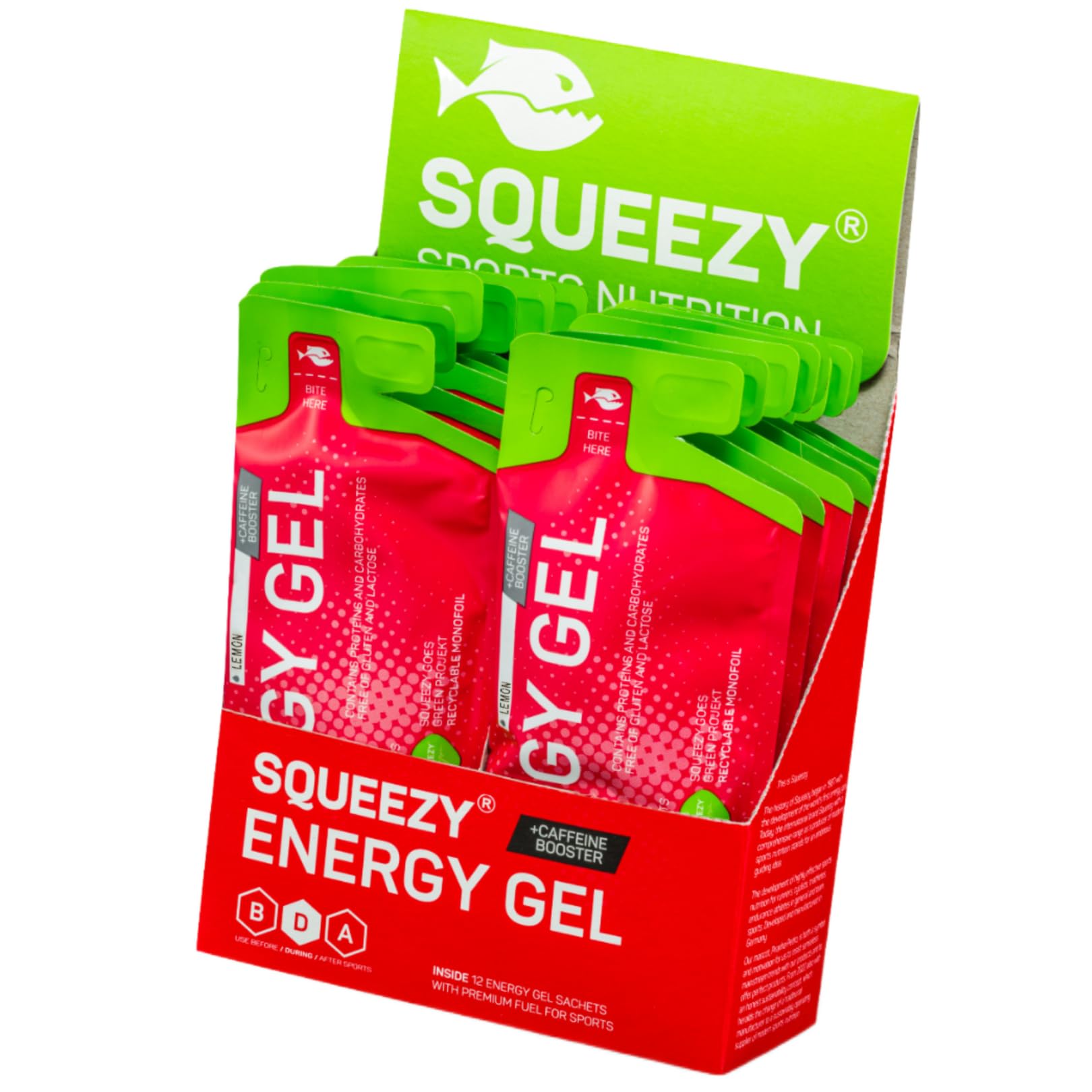Squeezy Energy Gel Box (Zitrone & Koffein) 12er Pack - Sport