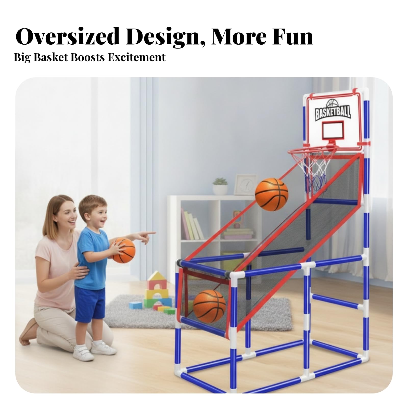 Macchina Canestro Giocattolo Bambini Gioco Basket con Canestro Tabellone Rampa di Ritorno E Restituzione Palla Automatica 4 Palloni E Pompa Adatta per Casa Giardino Compleanni